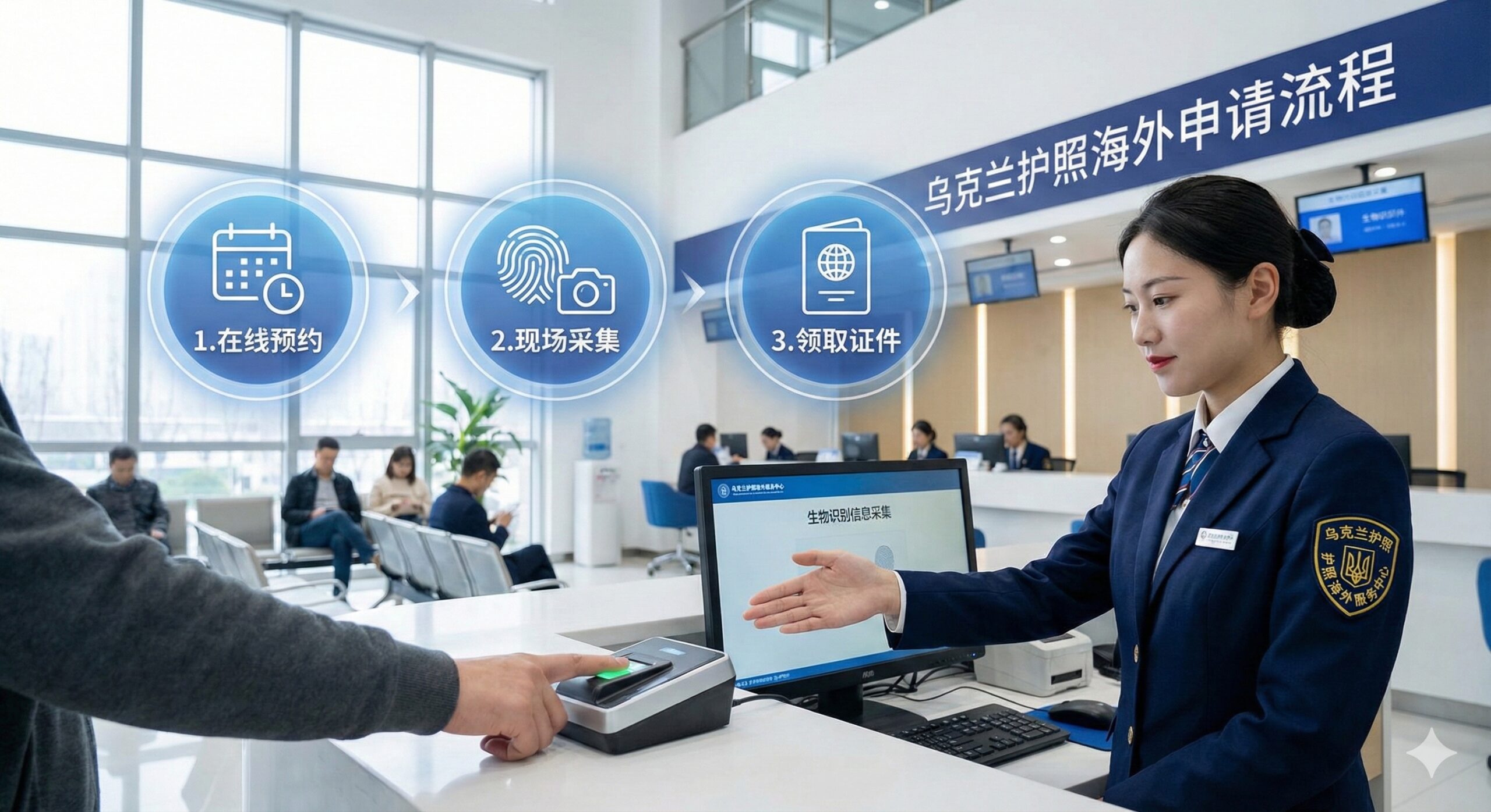 实景风格的流程演示图,描绘乌克兰护照海外服务中心(DP Document)的办理场景。画面展示明亮洁净的现代化办事大厅,前景聚焦于一位申请人正在进行生物识别信息采集(手指按在指纹扫描仪上),柜台工作人员穿着制服在旁协助。画面上方叠加半透明的步骤图标(1.预约 2.采集 3.领证),视觉逻辑清晰,帮助用户快速理解申领流程。
