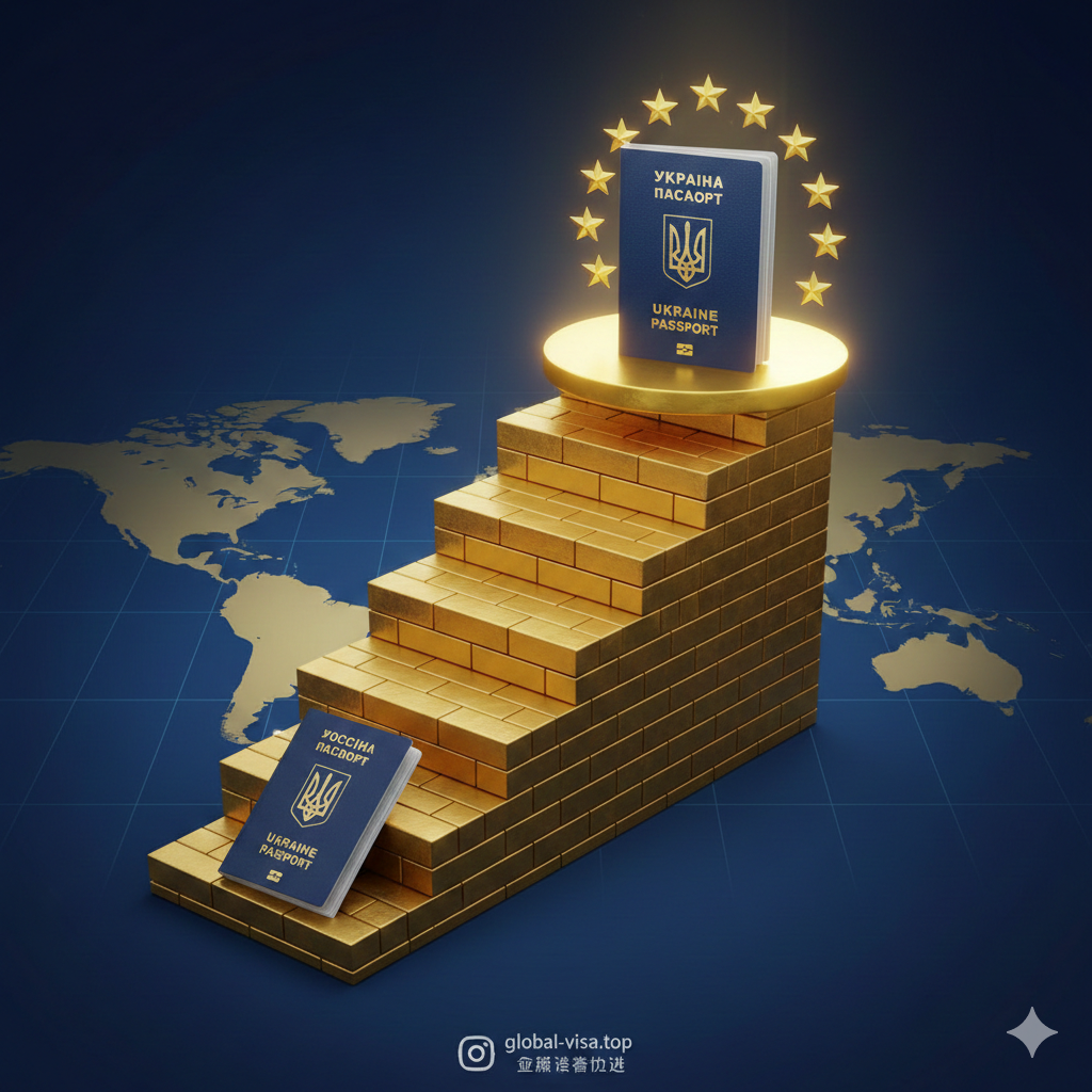 一张具有象征意义的3D概念图,展示乌克兰护照在全球排名中的上升趋势。画面中心是一个上升的金色阶梯或领奖台,乌克兰护照位于显眼的高位,周围环绕着欧盟五星光环,暗示其'准欧盟护照'的地位。背景隐约可见模糊的俄罗斯护照位于较低位置形成对比。构图稳重,光影效果突出‘高含金量’的主题,增强读者的信心。