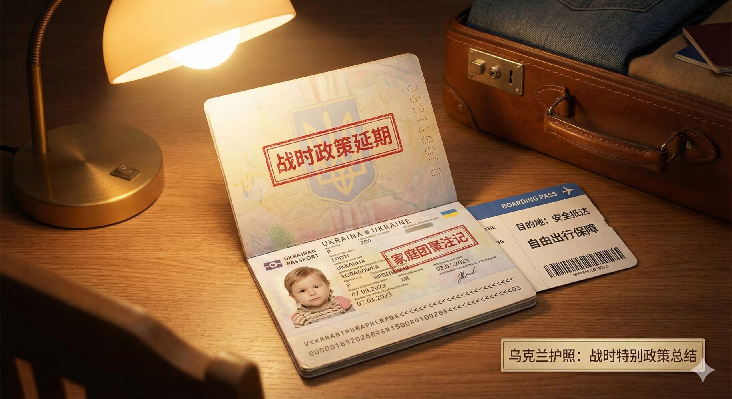 一张温馨且具有叙事感的静物摄影,展示一本打开的旧版乌克兰护照,页面上清晰可见的延期印章或加注的儿童照片,象征战时特殊政策下的家庭团聚与证件便利。旁边放置着一张机票和收拾好的行李箱一角,寓意随时准备出发的自由与保障。暖色调的台灯光线洒在护照上,传递出在复杂局势下,该护照为公民提供的安全感与希望。