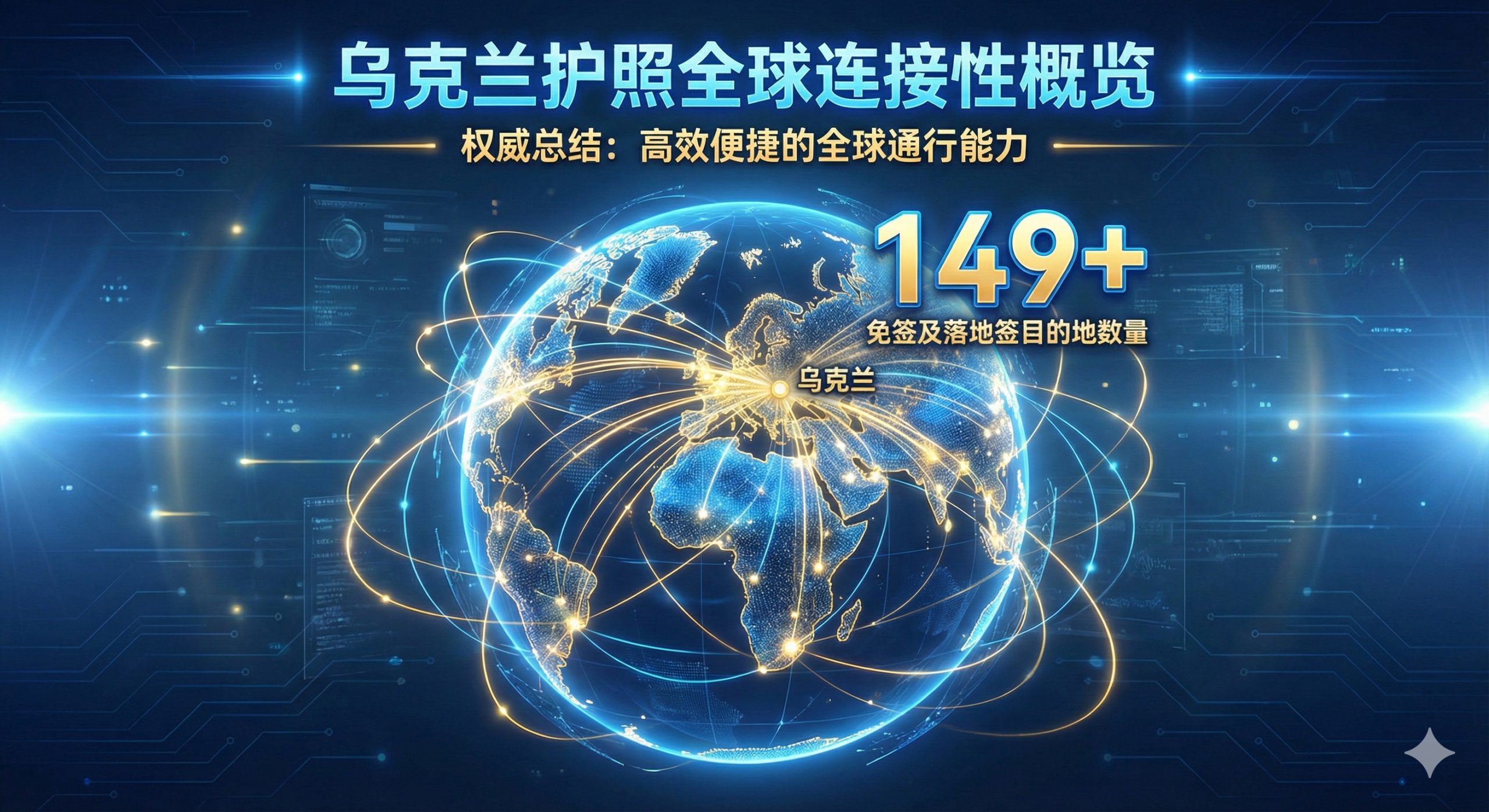 图片作为文章的总结图，强调乌克兰护照在全球的连接性和高排名。画面中心是地球的抽象图形，用动态的光线或线条连接了乌克兰和149个免签目的地，形成一个全球旅行网络。在地球的一角，应放置一个醒目的数字“149+”，代表免签国家数量。整体采用高科技感的蓝色和金色配色，营造出权威、高效的视觉感受，象征乌克兰护照在全球通行能力上的成就和价值。