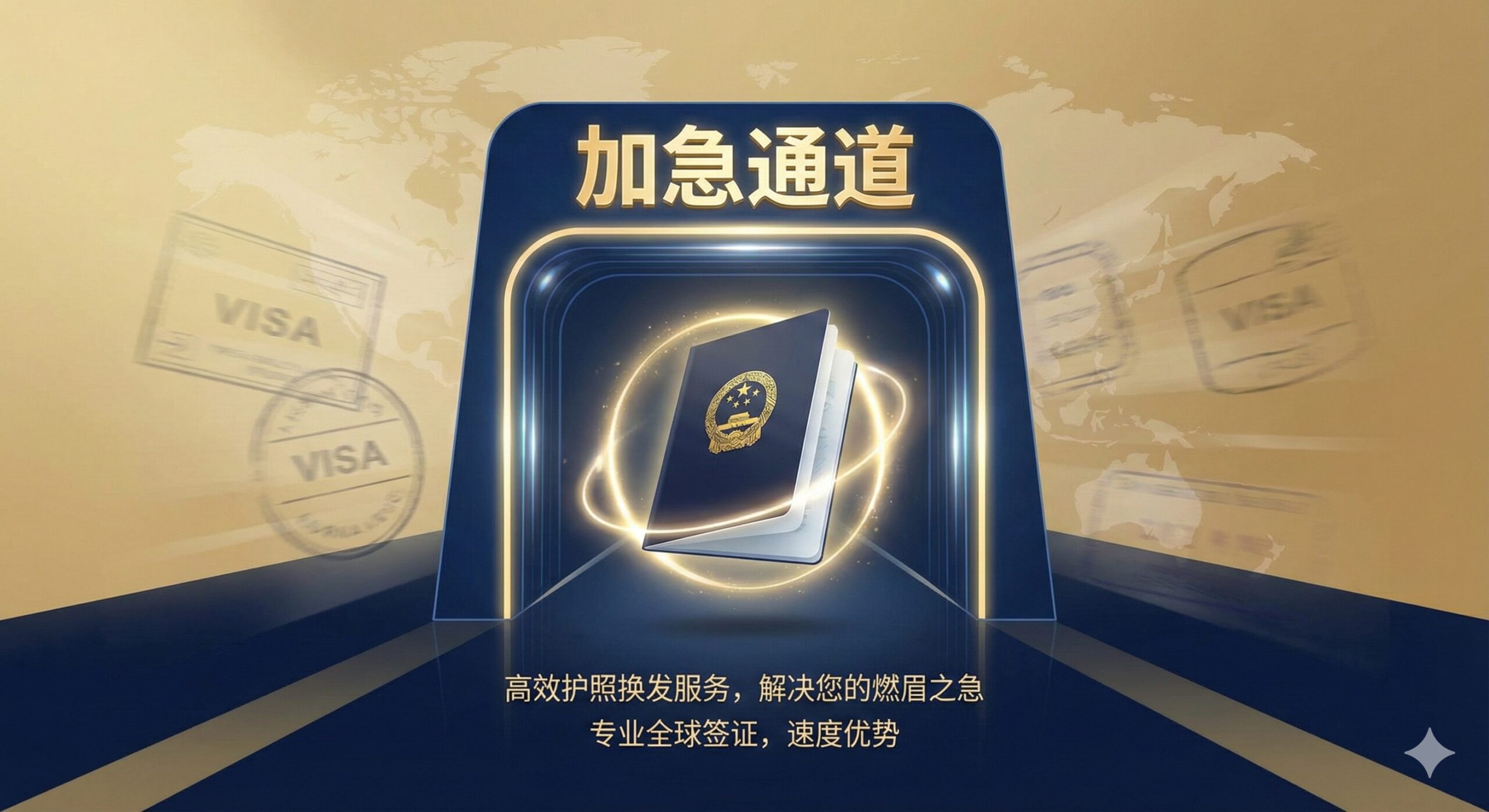展示高效护照换发服务的商务风格图片。画面中心是一本崭新的护照正在通过一个带有'Fast Track'(快速通道)字样的闸机或光圈,象征加急服务。背景融合了世界地图和签证印章的元素,色调为金色和蓝色,体现Global Visa服务的专业性、高端感和速度优势,暗示我们能解决燃眉之急。