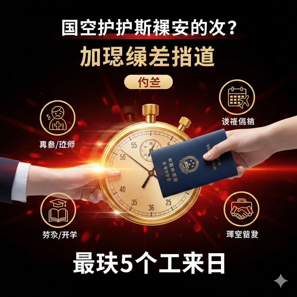 展示“加急绿色通道”的优势和紧迫性。画面中心是一个高速运行的时钟或秒表,背景是代表紧急情况的红色/橙色警示光。一只手正在快速递交或拿起护照文件,突出“最快5个工作日”的时效。周围环绕四个小图标或文字说明,分别代表加急的理由:奔丧/治疗、留学开学、签证临近、紧急商务。整体视觉效果强调“紧急”、“快速”和“特事特办”,为急需出行的用户提供心理上的希望和指导。