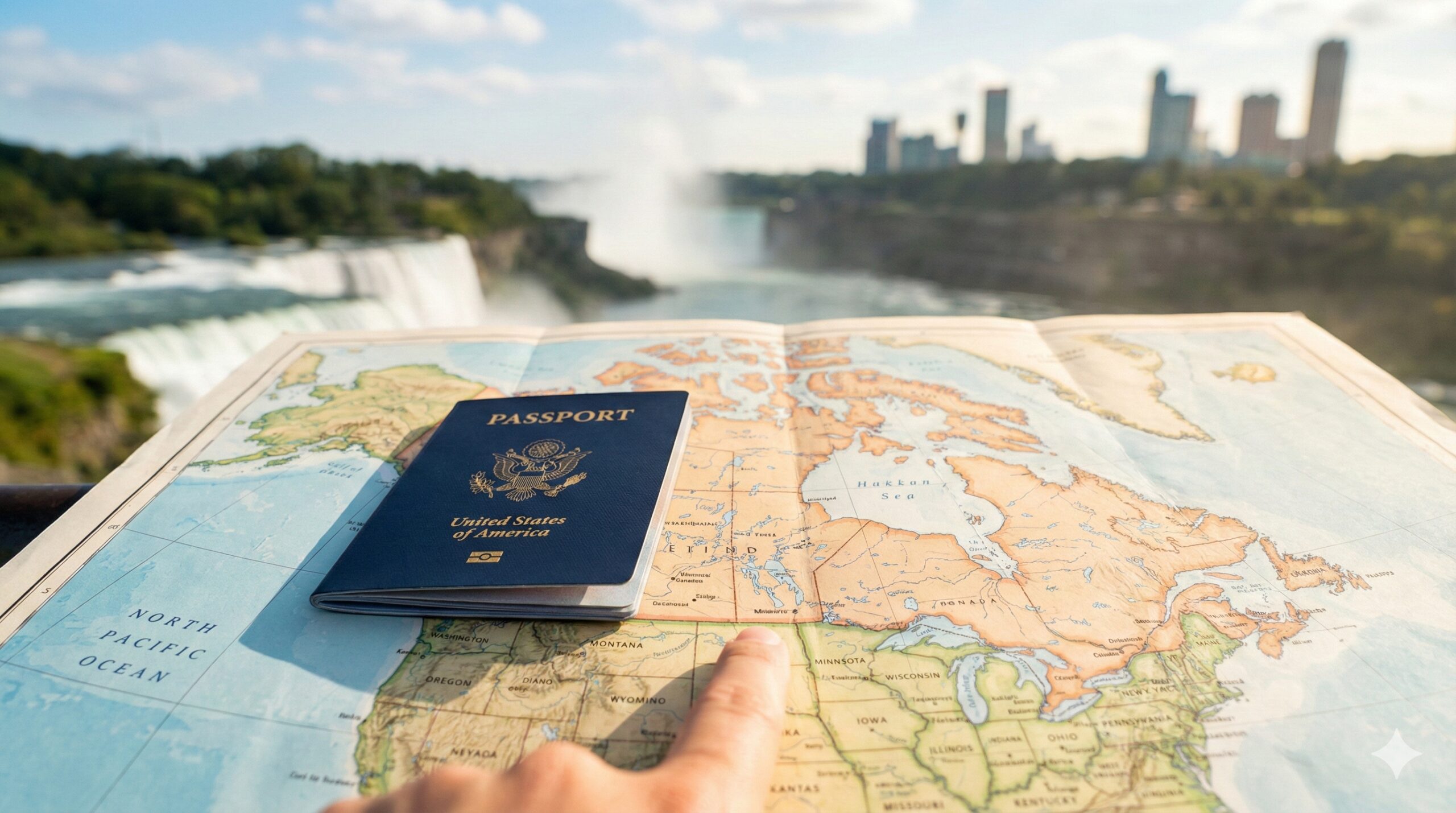 一张高质量的旅游摄影风格封面图，视觉焦点是一本蓝色的美国护照本放置在展开的北美地图上，手指指向美加边境线。背景虚化展示加拿大标志性风景（如尼亚加拉大瀑布或多伦多天际线）。整体色调明亮、专业，结合了旅行的期待感与证件的重要性，能够一眼吸引计划前往加拿大的美国游客。