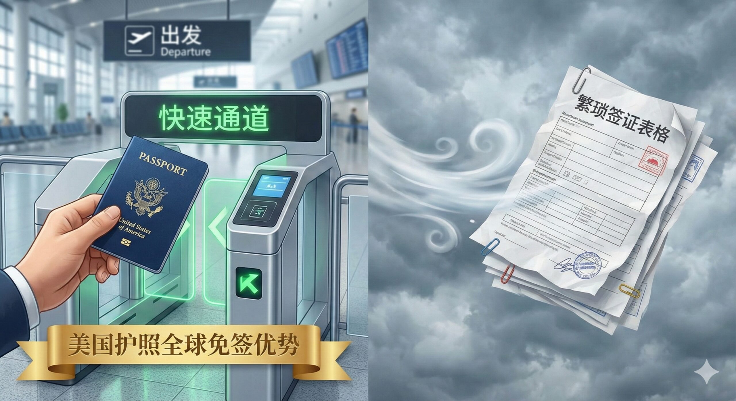 展示美国护照全球流动性优势的概念图。画面左侧是一本美国护照，正通过机场的'快速通道'（Fast Track）闸机，绿灯亮起；画面右侧则是堆叠的繁琐签证申请表格被风吹散的景象。或者展示美国护照与绿卡（Green Card）的对比特写，护照下方有'全球免签'的金色标签，而绿卡下方标注'取决于原国籍'的提示图标，背景是模糊的国际航班时刻表，强调公民身份的出行便利性。