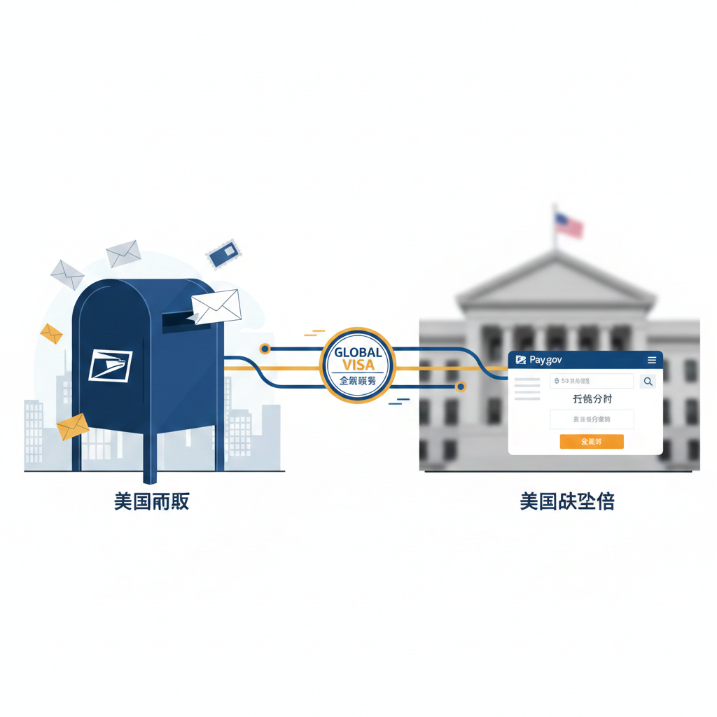 一张展示中美两地办理差异的对比概念图或商务风格插图。画面左侧是经典的美国邮政USPS蓝色邮箱，代表美国本土邮寄流程；画面右侧则是模糊处理的美国驻华大使馆建筑轮廓或徽章，前方叠加着Pay.gov的在线支付界面示意图，代表在中国办理的特殊线上支付流程。中间通过Global Visa的品牌色线条连接，寓意全球服务覆盖。构图平衡，色彩稳重，体现专业咨询服务的价值。