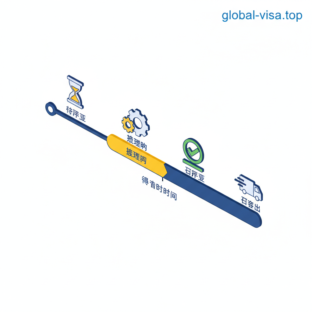 美国护照处理进度的可视化流程图。图像展示了一条清晰的水平时间轴，包含几个关键里程碑：'Pending'（沙漏图标）、'In Process'（旋转的齿轮图标）、'Approved'（绿色对勾印章）和'Shipped'（快递运输车）。设计采用3D等轴测风格或精致的平面图形。'In Process'阶段可以用黄色高亮显示，代表等待时间最长。整体配色为专业的蓝色、代表等待的黄色和代表成功的绿色，背景简洁白净。