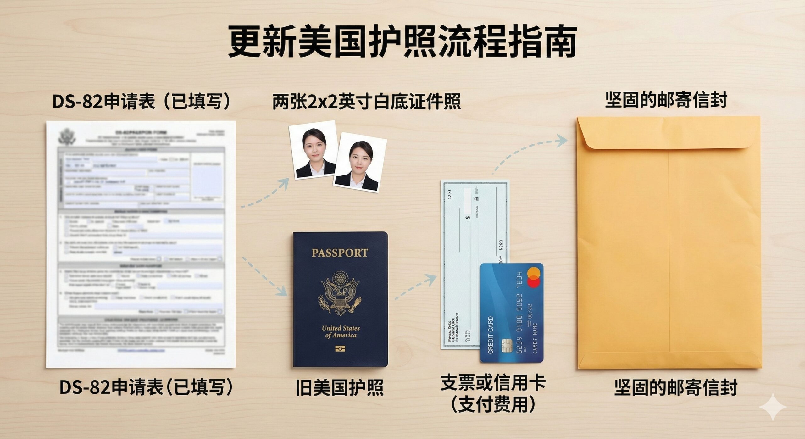 一张俯拍视角的平铺摄影风格图片（Flat Lay），详细展示护照更新所需的材料清单。桌面上整齐排列着：填写好的DS-82申请表（文字虚化处理）、两张标准的2x2英寸白底证件照、一本旧的美国护照、一张支票或信用卡，以及一个坚固的邮寄信封。物品之间用淡淡的虚线箭头连接，暗示办理流程的顺序，光线均匀，画面干净利落，充满条理性。
