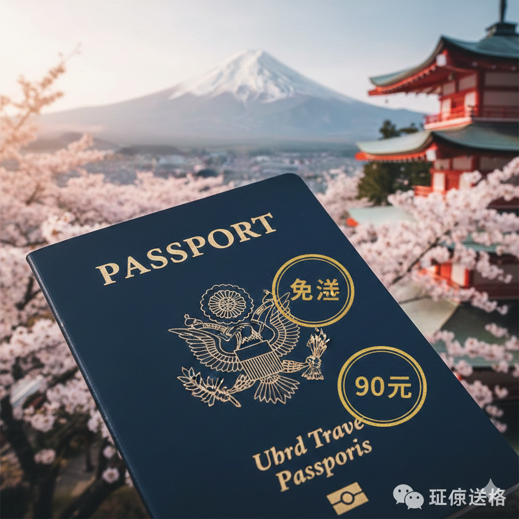 一张高质量的封面图片，视觉焦点是一本蓝色的美国护照放置在前景，背景是虚化的日本标志性风景（如富士山或盛开的樱花树）。画面中融入'Visa Free'和'90 Days'的金色印章风格文字，传递出无需签证即可畅游日本的明确信息。光线明亮温暖，色彩以美国护照的深蓝与日本樱花的粉白为主色调，营造出专业且令人向往的旅行氛围。