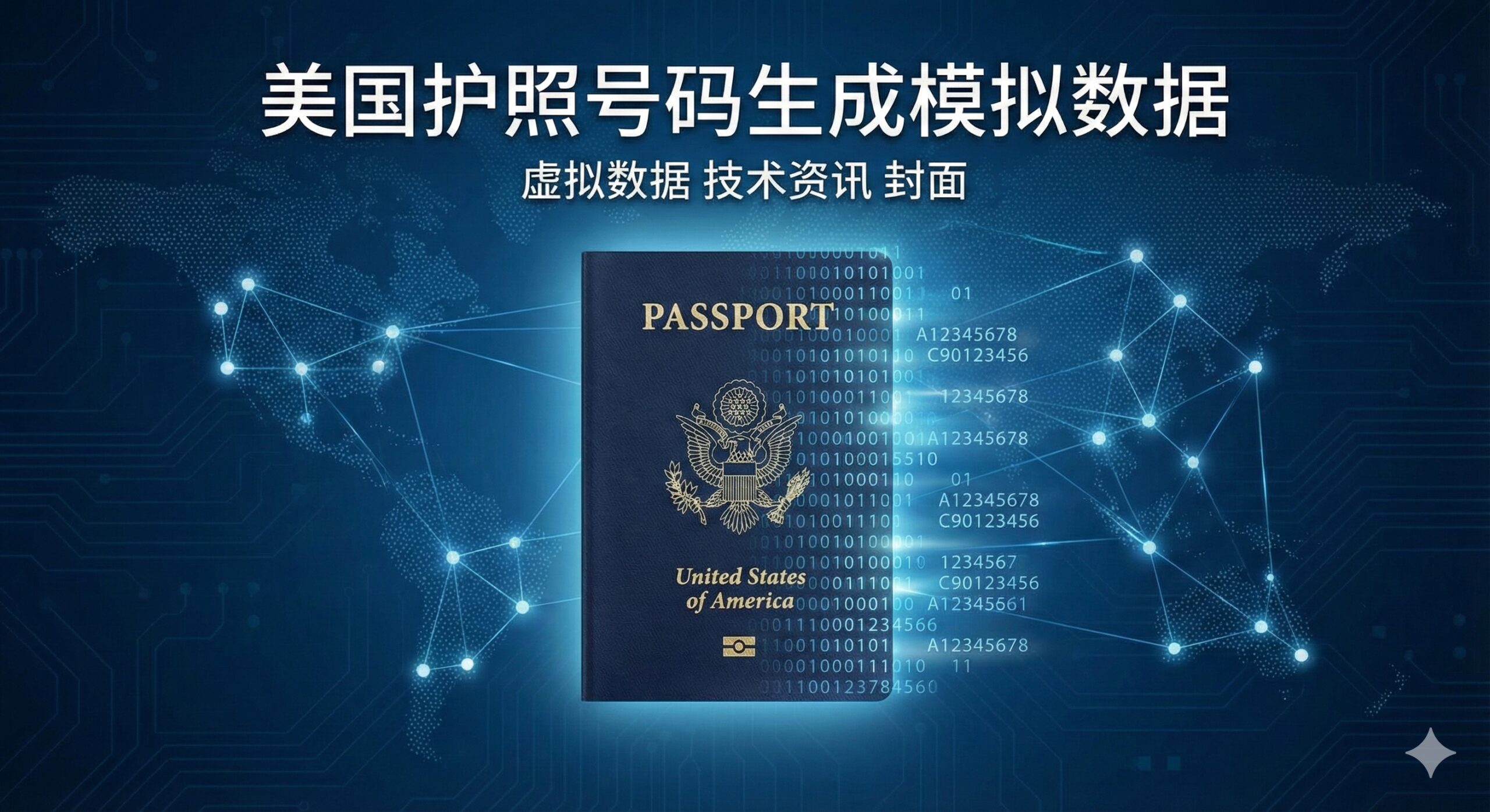 一张充满科技感与商务风格的封面图。画面中心是一本质感逼真的深蓝色美国护照，护照的边缘正在数字化，分解成发光的二进制代码和字母数字流（如A12345678），象征着'虚拟数据生成'的概念。背景是深邃的科技蓝，带有微弱的电路板纹理和全球连接的网络节点。光线柔和而专业，突出'护照'与'数据'的结合，适合用于技术型签证资讯网站的封面。