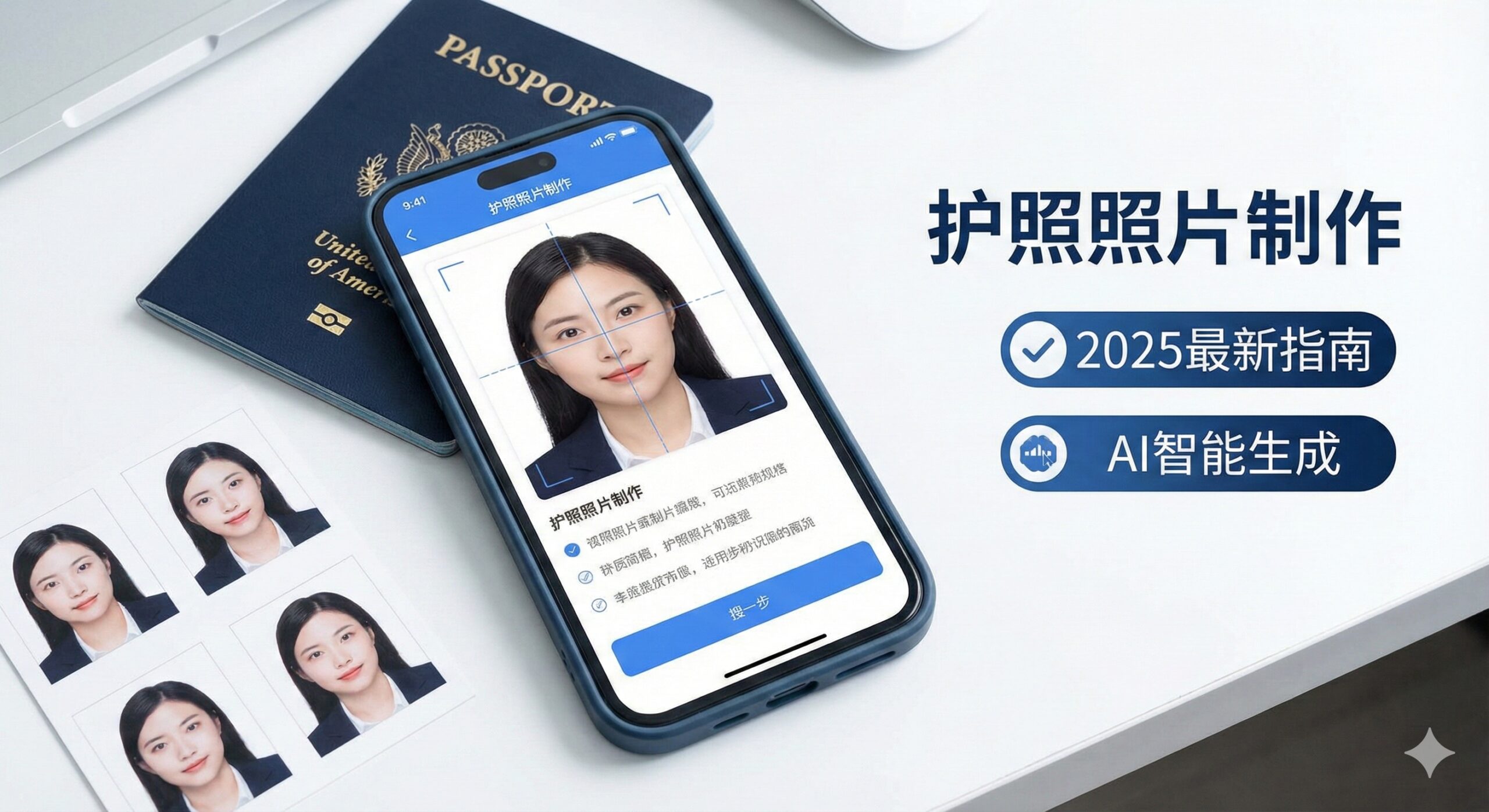 一张现代且专业的封面图，展示智能手机屏幕上显示的Global Visa护照照片制作界面，屏幕中清晰可见人脸对齐辅助线。背景为干净整洁的白色桌面，摆放着一本真实的深蓝色美国护照实体和几张剪裁好的2x2英寸证件照。光线明亮柔和，整体色调采用信任感强的科技蓝与白色搭配，画面右侧叠加'2025最新指南'和'AI智能生成'的徽章元素，体现便捷与合规。