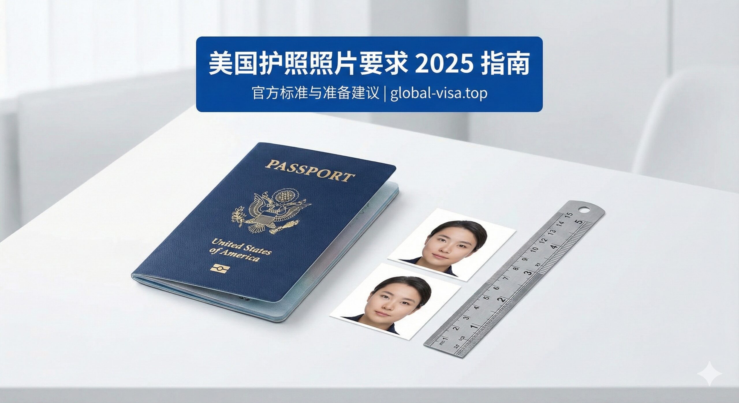 一张专业、整洁的封面图，展示一本深蓝色的美国护照旁边放置着两张标准的2x2英寸正方形证件照。背景为干净的白色桌面，旁边放着一把刻度尺，强调尺寸的精确性。画面风格严谨、官方，光线明亮柔和，适合作为global-visa.top的权威指南封面，视觉中心清晰，传达出准备签证材料的专业感。