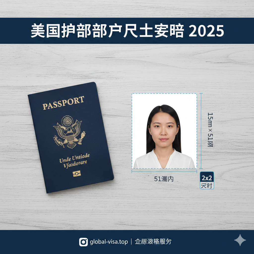 一张极具专业感的高清封面图,展示一本美国护照放置在干净的浅灰色木纹桌面上,旁边整齐地摆放着一张标准的2x2英寸(51mm x 51mm)正方形证件照。照片周围有淡淡的蓝色虚线框和尺寸标注,强调精准度。背景光线柔和明亮,营造出权威、正规的签证服务氛围,视觉中心聚焦于照片的标准正方形构图,配色以美国国旗的红蓝白及商务灰为主。