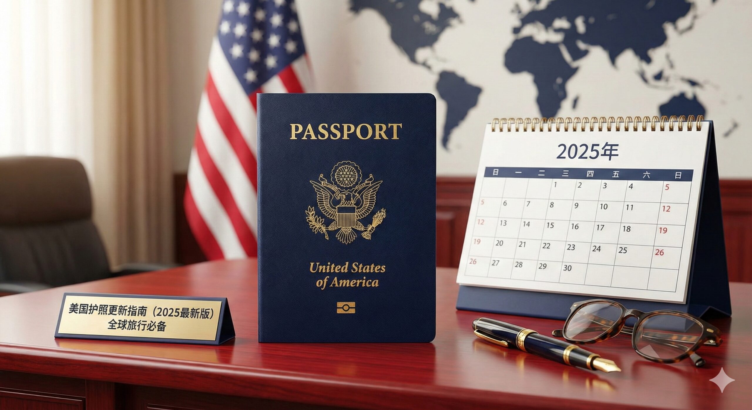 一张极具专业感的高清封面图，画面中心特写一本深蓝色的美国护照，放置在一张整洁的红木办公桌上。旁边摆放着一张印有2025字样的日历、一支高档签字笔和一副眼镜，背景是模糊的美国国旗和世界地图轮廓，象征全球旅行。光线柔和明亮，营造出权威、正规且令人安心的氛围，色彩以海军蓝、金色和白色为主色调，突出'2025最新指南'的主题感。