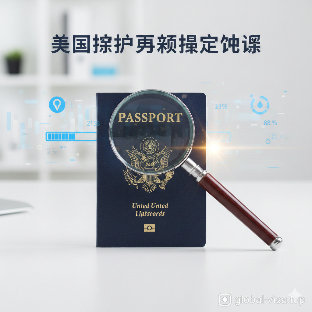 一张高质量的专业摄影图，展示一本美国护照放置在干净的办公桌面上。护照旁边或上方放置一个放大镜，象征着'查询'和'搜索'进度的含义。背景中叠加了微妙的数字进度条或加载图标，暗示在线状态追踪的过程。光线明亮均匀，采用海军蓝、白色和金色的官方配色方案，传达出美国政府文件的权威感和global-visa.top的专业性，视觉中心集中在护照封面上。