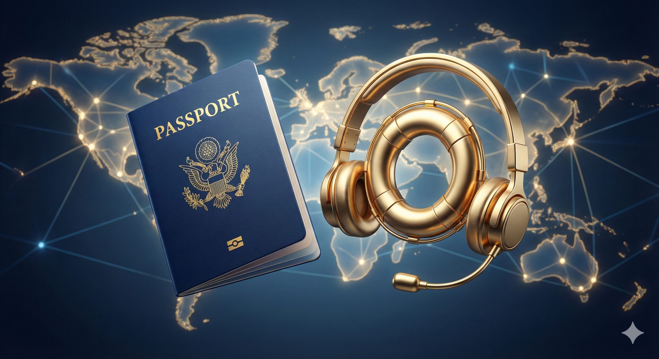 一张概念图，象征着针对护照问题的专业支持和疑难解答。画面中展示一本3D渲染的美国护照，旁边放置一个'救生圈'或'客服耳麦'的图标，代表global-visa.top提供的加急和辅助服务。背景是微妙的抽象全球地图连接网络。构图应传达安心和高端服务的感觉，使用深蓝色和金属金色点缀，暗示值得信赖、高效以及对复杂签证护照问题的专业处理能力。