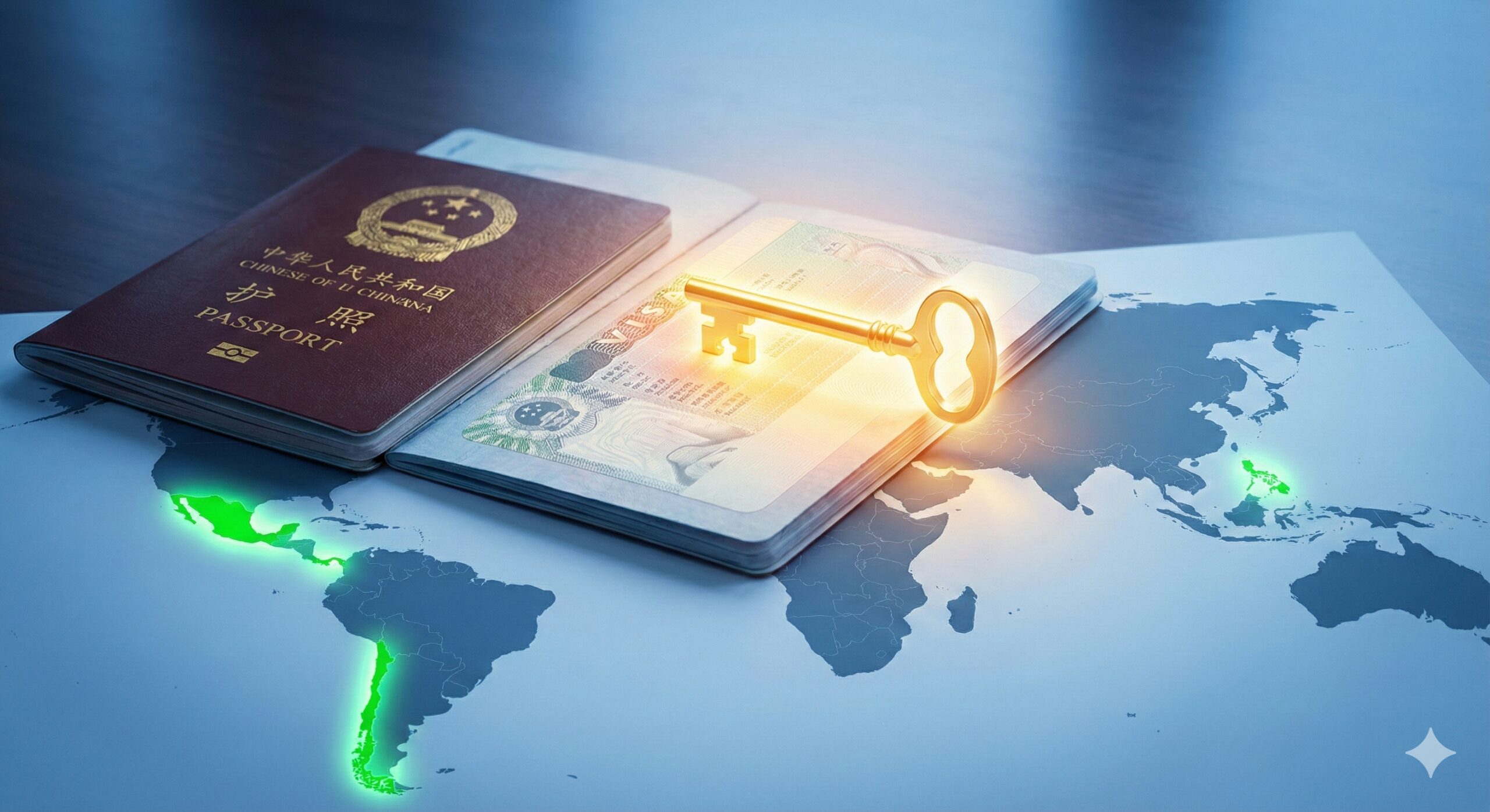 创意概念合成图,展示一本打开的护照,内页贴有一张美国B1/B2签证或申根签证。这张签证页被艺术化地设计成一把发光的‘金钥匙’,正在解锁一张包含墨西哥、菲律宾、巴拿马和智利的地图区域。地图上的这些国家呈现高亮绿色,象征持有发达国家签证可获得的‘隐形’免签权益。风格专业、严谨,蓝色调为主,突显签证的高含金量。