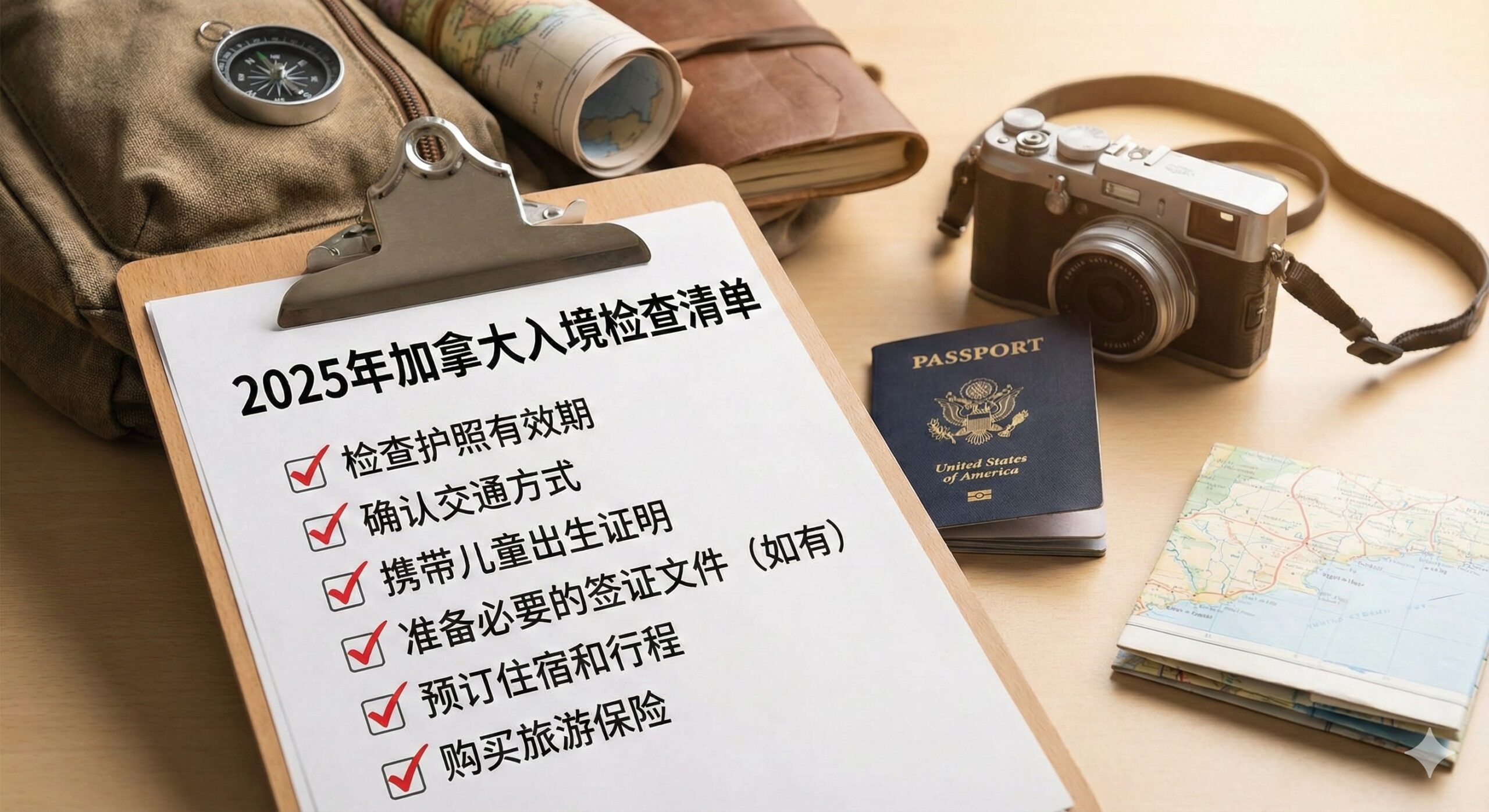 一张总结性的静物摄影图。画面中心是一个写着“2025 Canada Entry Checklist”的剪贴板，上面列出了关键项：“检查护照有效期”、“确认交通方式”、“携带儿童出生证明”等，并已打上红色的完成勾。背景中包含了背包、相机和护照，象征着准备工作已完成，随时可以出发，给予读者信心和明确的行动指引。