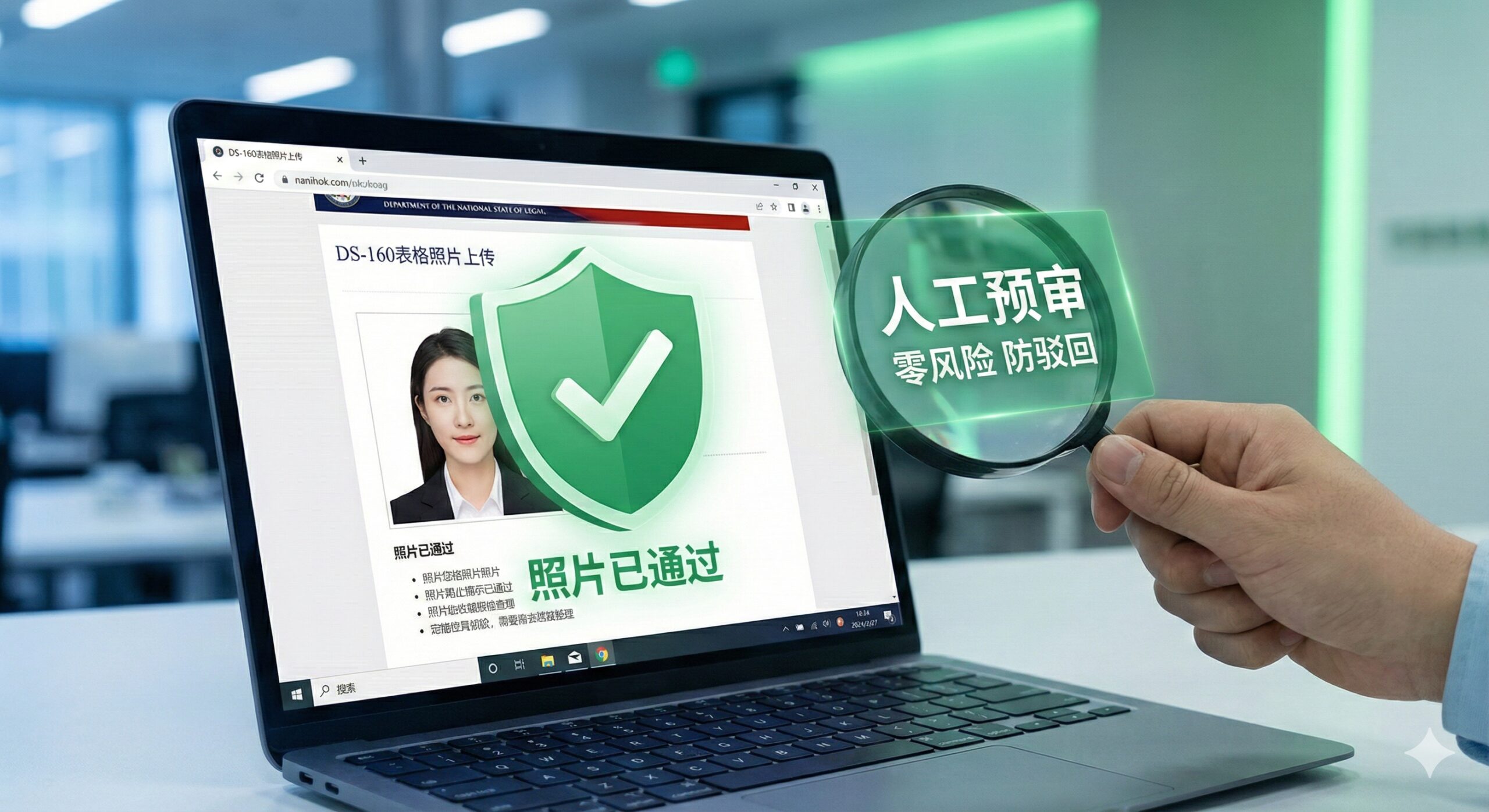 一张展示global-visa.top专业审核服务的概念图。画面前景是一台打开的笔记本电脑,屏幕上显示着DS-160表格的照片上传界面,上面有一个醒目的绿色盾牌图标和'Photo Passed'字样,象征审核通过。背景模糊处理,隐约可见专业的办公环境。一只手拿着放大镜正在仔细检查屏幕上的照片细节,传达出'人工预审'、'零风险'和'防驳回'的服务优势,色调以令人安心的绿色和专业蓝为主。