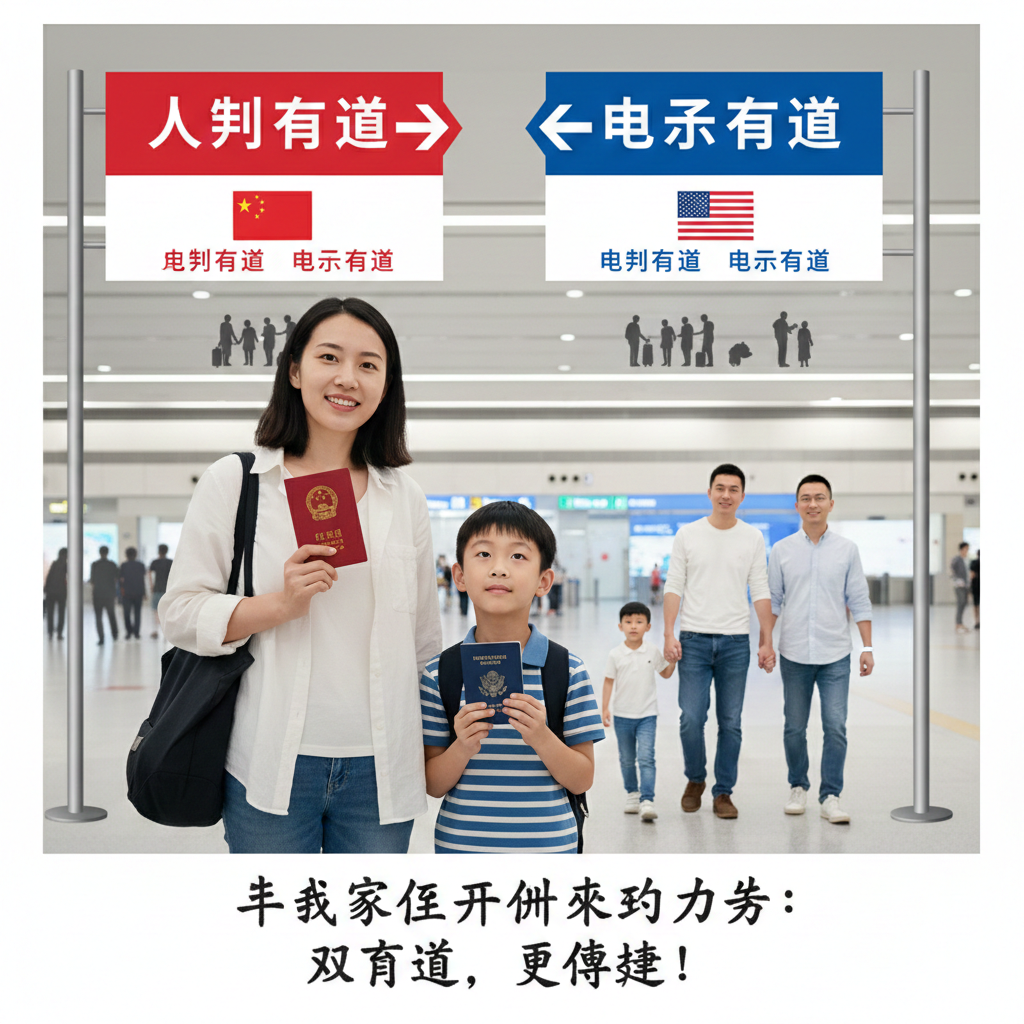 优势/对比图，侧重中美“混合家庭”的通关情景。图片应展示一个由一位持有中国护照的父母和一位持有美国护照的孩子组成的家庭，在机场通道边检处。父母和孩子并排站立，背景应有两个通道标志：一个标注“人工通道”（中国护照），一个标注“eGates”（美国护照），用对比色或箭头强调通关方式的区别，但最终以一家人共同抵达的温馨画面收尾，强调家庭出行的策略优势。