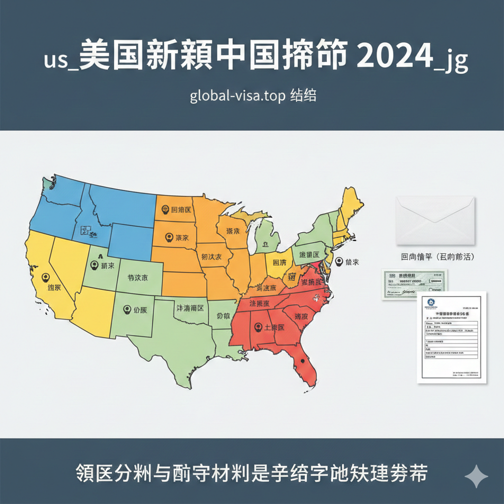 一张结合美国地图和邮寄流程的总结图。使用简洁的美国地图，用不同颜色区块标示出五大领区（华盛顿、纽约、旧金山、洛杉矶、芝加哥），并在地图上用小图标标示出对应的总领馆位置。在地图旁边，重点展示邮寄包裹的元素：一个回邮信封（预付邮资）、一张Money Order（汇票）、以及一份打印的《信息采集表》。强调领区划分和邮寄材料的特殊要求是申请成功的最后一步，使用冷静和专业的色调，突出地域性和细节要求。