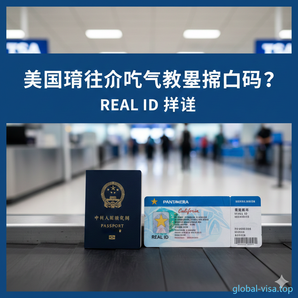 一张醒目的文章封面图，主题是'美国境内坐飞机需要护照吗？REAL ID详解'。画面中央是三件关键物品：一本中国护照（红色或深蓝色，带有金色国徽）、一张带有金色五角星标志的REAL ID驾照，以及一张机票/登机牌。背景是一个虚化的机场安检口（TSA标志可见）。采用清晰、专业的商务风格，主色调为蓝白，强调权威和指导性。构图应将证件清晰并置，配以简洁的中文标题文字叠加。