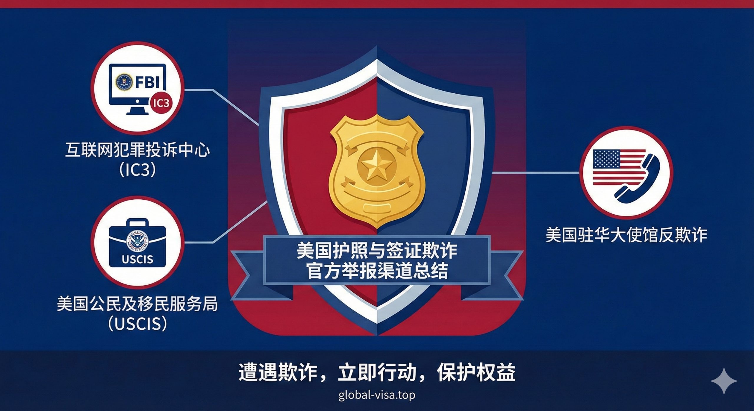 设计一张总结性图片，重点突出官方举报渠道的重要性。画面主体为一个带有警徽元素的盾牌，象征保护与权威。盾牌周围环绕三个核心举报机构的Logo或代表性图标：一个带有“FBI”或“IC3”标志的电脑屏幕（互联网犯罪）、一个带有“USCIS”或移民局标志的公文包（移民欺诈）、以及一个带有美国国旗和电话听筒的图标（使馆反欺诈）。整体色彩以深蓝和红色为主，营造严肃正式的氛围。构图稳定有力，强调在遭遇欺诈后，应立即采取行动、保护权益的官方流程。