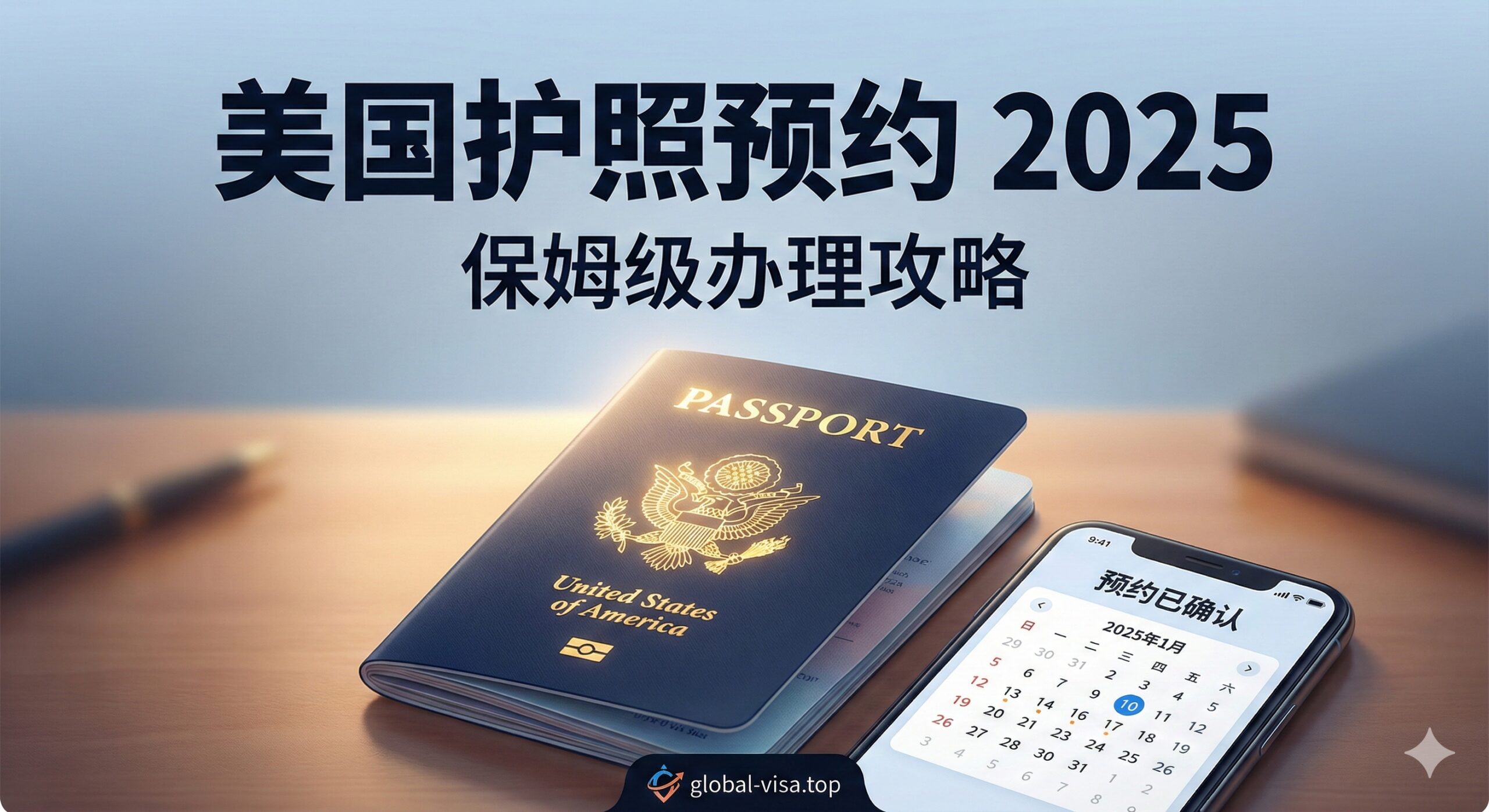 图片作为文章封面，主题为“美国护照办理与预约”。主视觉为一个打开的、带有金色国徽的美国护照本，下方或侧面叠放着一张带有“Appointment Scheduled”字样的日历或手机界面截图。