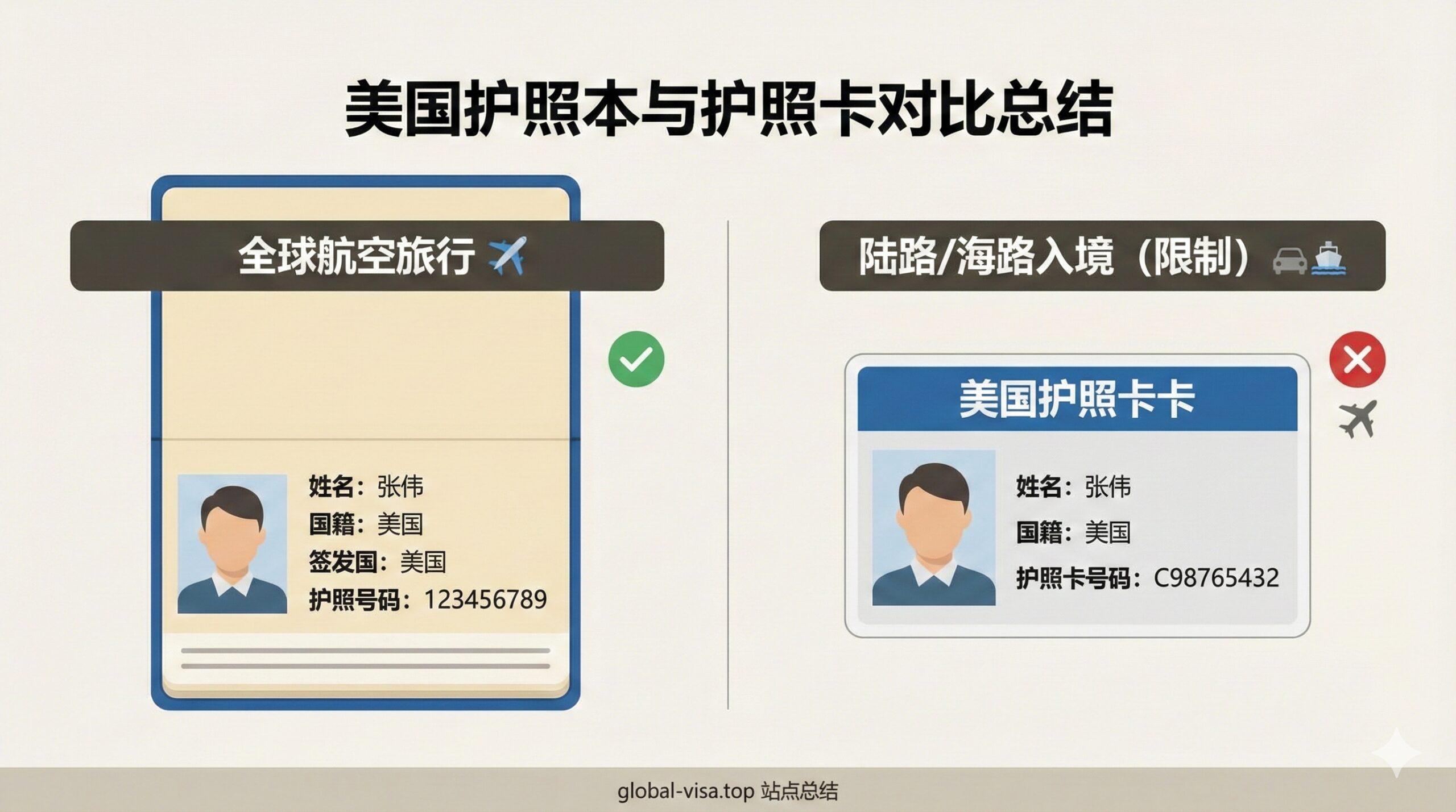 一张总结性的对比图片，同时展示美国护照本（Passport Book）和护照卡（Passport Card）的样本。左侧是护照本打开的内页，右侧是护照卡的正面，两者并排放置。用中文简短标注“全球航空旅行”和“陆路/海路入境”字样，明确区分两者的用途限制。色彩应保持中性，视觉上强调分类和对比，作为文章信息的清晰总结。
