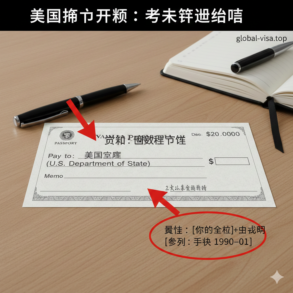 生成一张支票填写教程图。核心内容是一个放大的、半透明的支票样本，重点区域被醒目的红色箭头或圆圈标注出来。标注的重点包括收款人（Pay to the Order of）位置，清晰地展示“U.S. Department of State”的正确填写方式，以及Memo（备注栏）位置，并强调必须填写“全名+DOB”。整体背景可以是一个简洁的桌面，配上一支钢笔或签字笔，营造出严肃、准确的指导氛围。