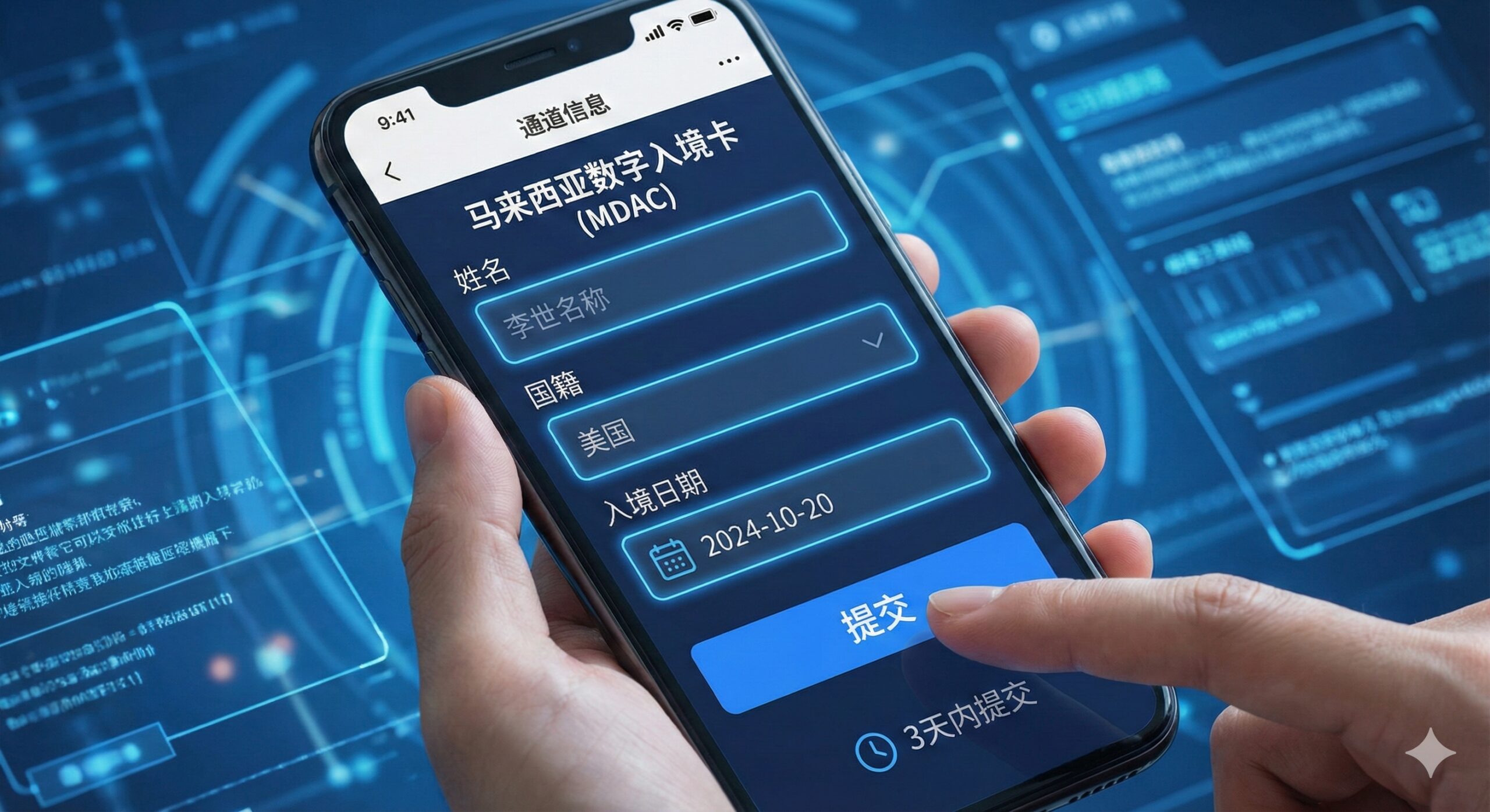 此图用于MDAC（马来西亚数字入境卡）的填写指导部分。图片应展示一个类似移动设备的屏幕界面，模拟MDAC的在线填写表格，表单中关键信息（如姓名、国籍'美国'、入境日期）被高亮显示。旁边放置一只手正在触摸或点击'提交'按钮的动作。背景可以采用科技感的蓝色调或代表数据流的线条，强调数字化、强制性。下方用一个小图标提示'3天内提交'，突出操作的关键步骤和时间要求。