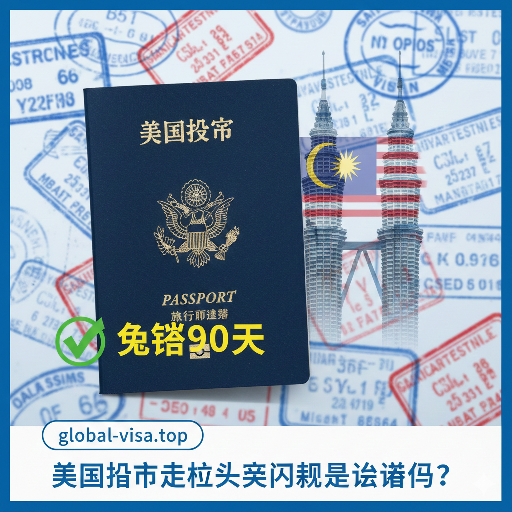 图片应作为文章的封面，风格现代、专业，色彩以蓝、黄、白为主，突出马来西亚国旗的颜色与美国的星条旗元素。构图中心是一个清晰可见的美国护照封面，旁边叠加一个马来西亚吉隆坡标志性建筑（如双子塔）的剪影，背景是护照上的出入境章模糊堆叠效果。在护照旁边用一个醒目的绿色勾号和中文 '免签90天' 标签，强调文章核心信息。整体感觉是旅行与官方政策的结合，专业且引人注目。