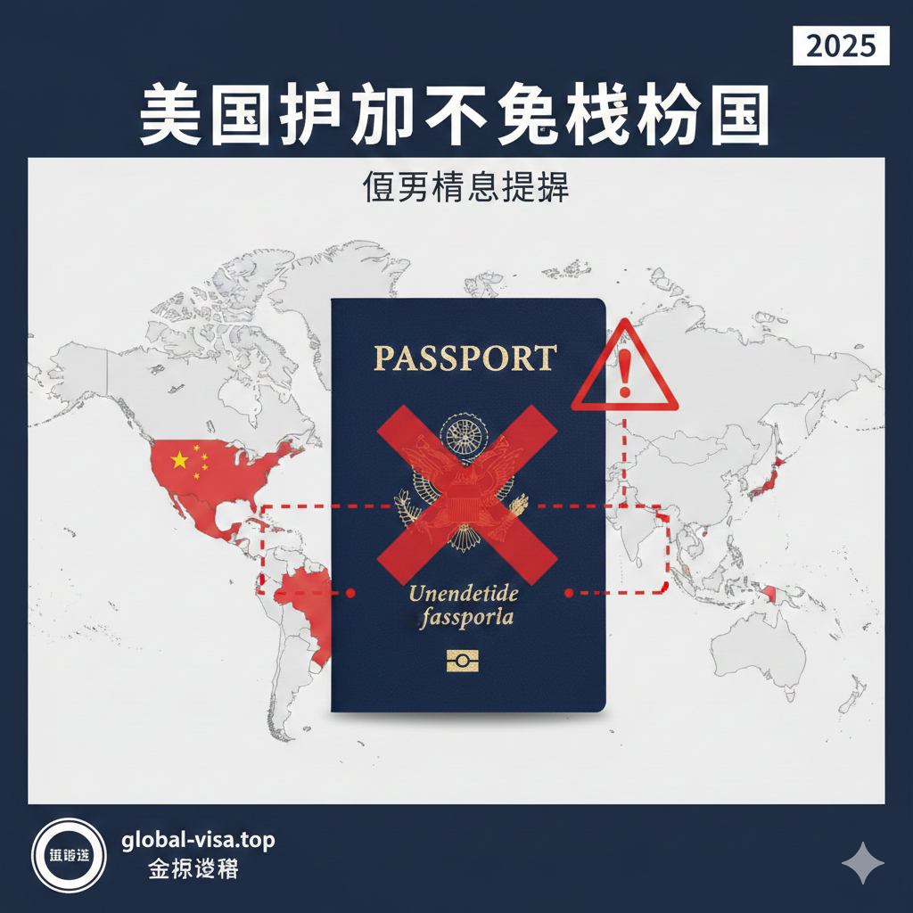 一张醒目的封面图,主题是'美国护照不免签国家'。画面主体是一个深蓝色的美国护照,护照封面上叠加了一层半透明的红色醒目标志(例如一个'X'或警告三角牌),象征着限制和警告。背景可以是世界地图的抽象线条,其中一些国家(如中国、俄罗斯、巴西、欧洲申根区)被红色高亮标记出来。整体风格应是专业的、信息图表式的,色调以权威蓝、警示红和中性白为主,传达出'重要信息提醒'的紧迫感。右上角可设计一个微小的'2025'标签。