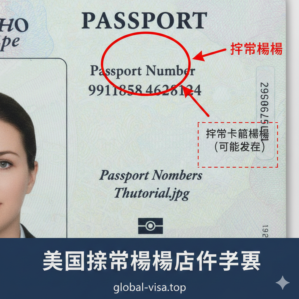 一张详细的教程指导图片，专门用于定位护照号码（Passport Number）和护照卡簿号码（Book Number）。在护照个人信息页的放大图上，用红色圆圈和箭头清晰标记出右上角的9位Passport Number。在页面的其他位置（如侧面或背面）用虚线框标记出Book Number（强调其不一定存在）。整体风格为步骤图解，帮助用户快速定位，文字信息清晰易读。