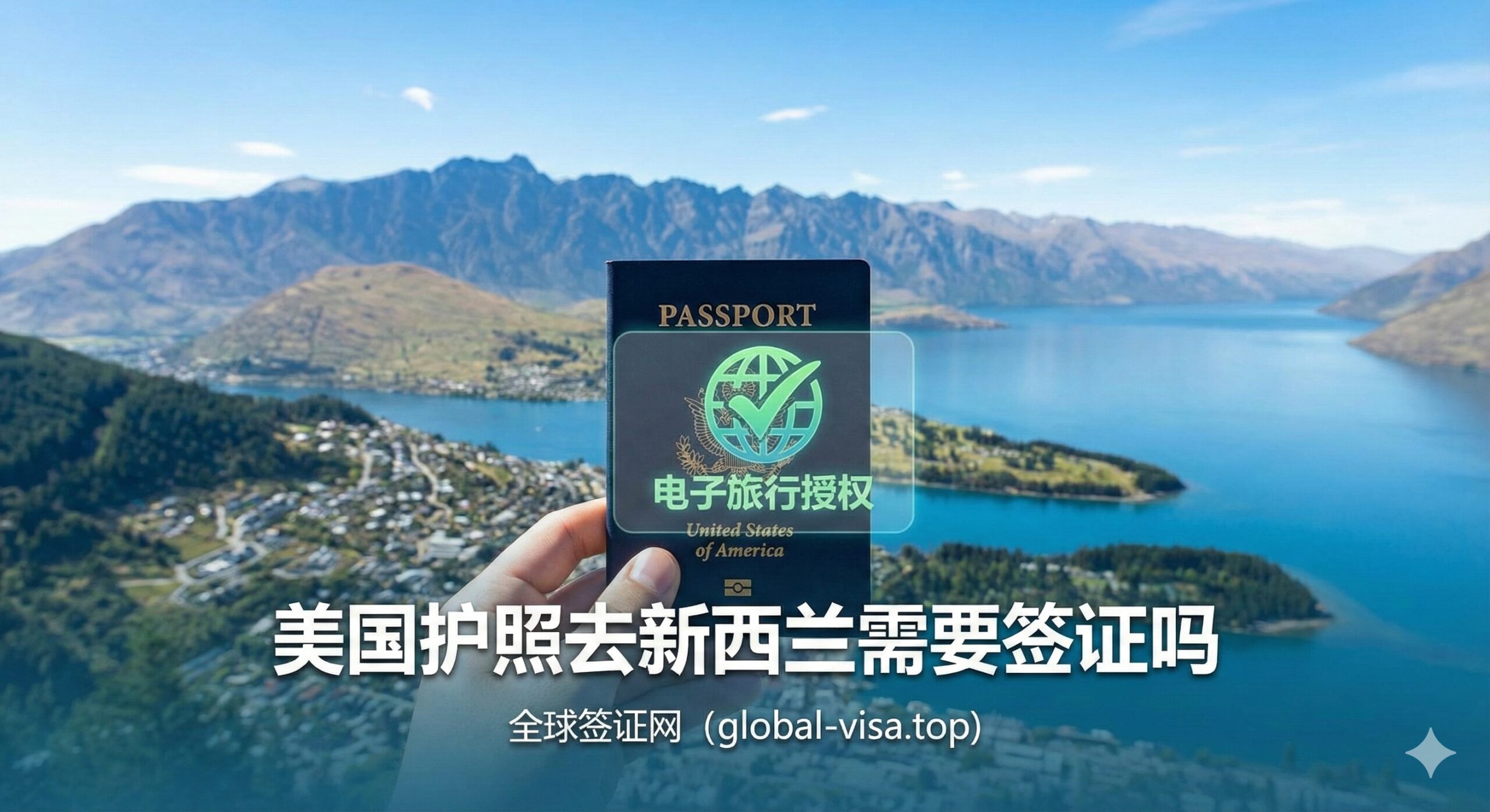 图片应เป็น一张引人注目的封面图。主体元素是新西兰的标志性景观，如奥克兰的天空塔或皇后镇的湖光山色，前景是一个具有辨识度的美国护照，护照上叠加一个半透明的、带有“NZeTA”字样的电子许可标志。整体色调应采用新西兰常见的清新蓝色和绿色，天空明亮，山脉清晰。构图上，护照位于画面三分之一处，突出“美国护照”和“NZeTA”的核心关联，营造出旅行即将开始的期待感。风格应为现代、官方且信息清晰。