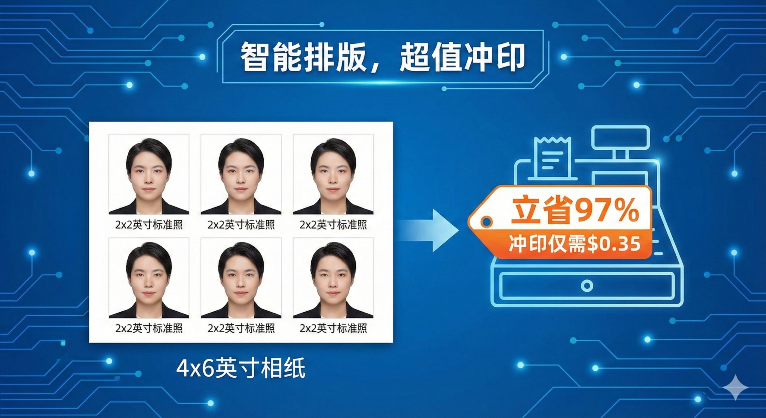 重点展示文章核心功能“4x6英寸排版”的图。图片主体是一个4x6英寸（10x15cm）的矩形相纸，上面整齐地排布着6张合规的2x2英寸美国护照照片。在排版图的旁边，用一个箭头指向一个收银机或价格标签，上面标注“$0.35”或“立省97%”的字样，突出省钱的优势。背景可以采用科技感的蓝色调，并配以AI芯片或算法的抽象图案，强调智能排版技术。构图清晰，直观展示排版效果和省钱结果。