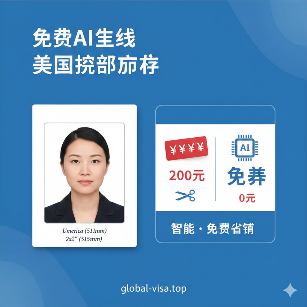 一张吸引眼球的封面图，主题是“免费AI生成美国护照照片”。图片主体是一个清晰的2x2英寸（51x51mm）标准美国护照照片，照片中的人物面部表情中性、背景纯白。照片右侧或下方有一个醒目的对比图，显示传统昂贵的护照照片服务（用美元符号和高价标签表示）和AI在线生成（用“FREE”或“0.35$”和AI图标表示）的差异。整体风格应现代、简洁，使用蓝色和白色作为主色调，强调“智能”、“免费”和“节省”的关键词。