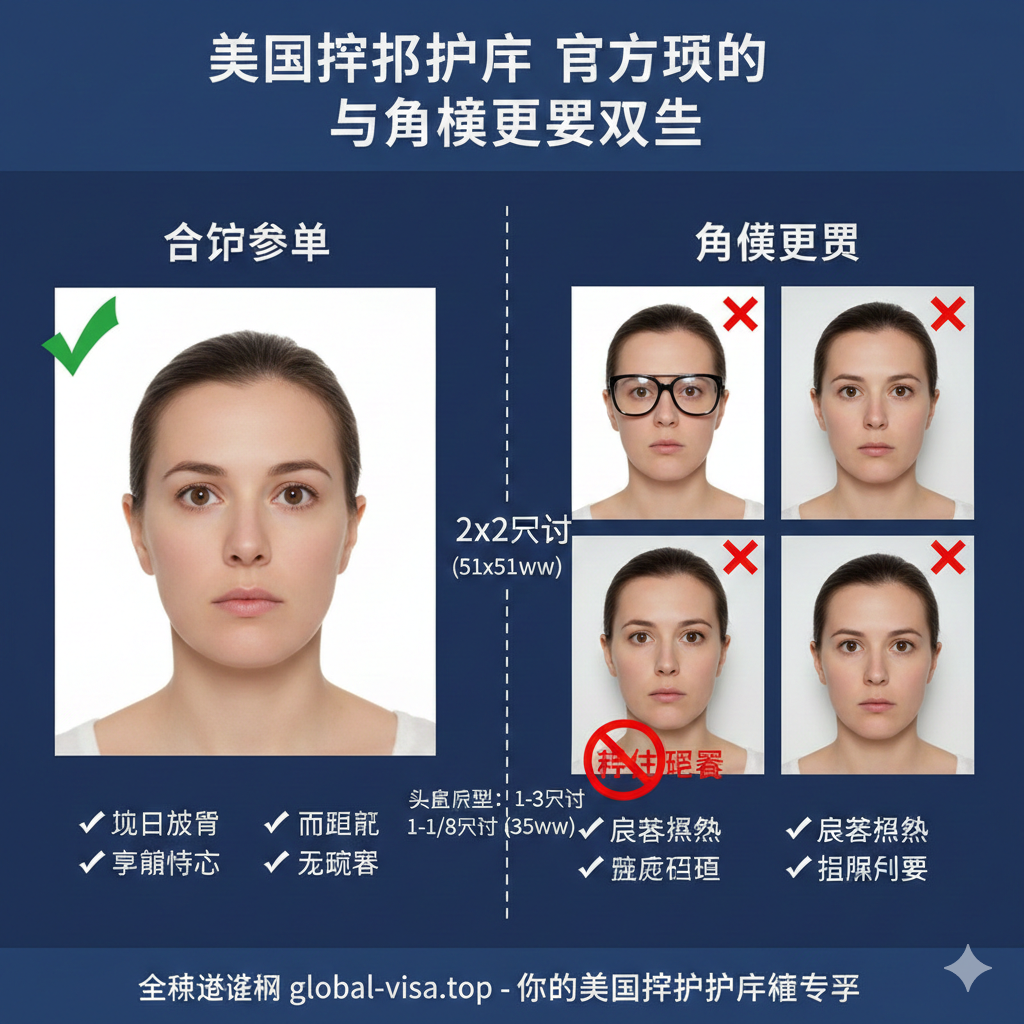 展示美国护照照片官方要求和常见错误的对比图。左侧是“合规”照片（纯白背景、正面、中性表情），并用绿色勾号标出；右侧是“常见错误”照片，如戴眼镜、侧脸、背景有阴影或头部比例不对，并用红色叉号标出。图片应清晰标注关键的尺寸比例（2x2英寸，头部比例），用图示而非文字强调“不能戴眼镜”的规定。使用官方证件照指南的专业风格，颜色搭配严谨，突出权威性和合规性。