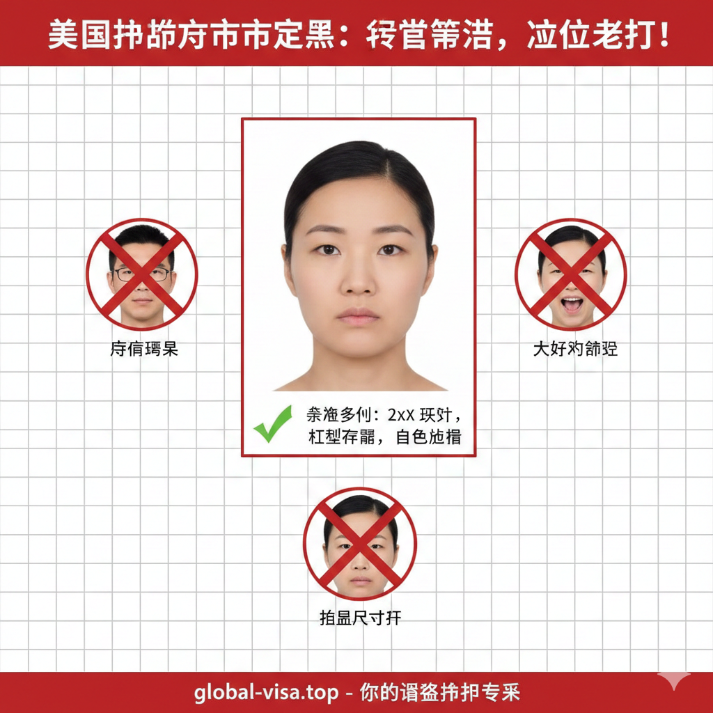 教程指导图片专门展示'美国护照照片要求'。画面中心应是一个清晰的、标准的2x2英寸护照照片示例（中性表情、白色背景），周围环绕着三个小型图标或图解（Infographics）来对比错误的示例：1. 戴眼镜被X掉，2. 微笑被X掉，3. 头部尺寸不符合比例被X掉。主色调使用白色和红色（用于突出错误警示），强调'严格规格'和'避免被拒'。构图应采用分栏或网格布局，简洁明了地传达照片的尺寸和表情要求，确保用户一眼看清正确的拍摄指南。