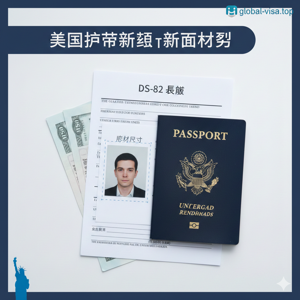 设计一张引人注目的封面图，主题为'美国护照更新需要什么材料'。画面主体应是一个打开的、印有美国国徽和封面的深蓝色护照，护照旁边整齐地堆放着核心材料的象征物：一张带有照片尺寸标记的白色背景护照照片、一张写有'DS-82'字样的表格、以及一张美元支票或汇票的局部。整体风格应专业、权威，采用明亮清晰的冷色调（蓝、白、金色），象征美国的官方文件。构图上采用俯视特写，聚焦于文件细节，并在角落融入一个微小的美国自由女神像（Statue of Liberty）的剪影，以增强视觉关联性。