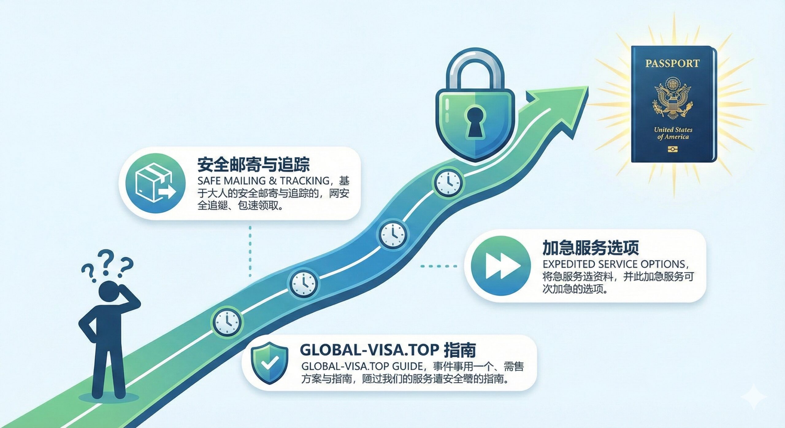 展示更新护照流程的优势，强调安全、快捷和清晰指导。构图以一条向上延伸的、带有时间轴标记的道路或流程线为主。在路的起点放置一个迷茫的人物剪影，终点是一个闪耀的全新美国护照。道路旁有两个关键的中文优势点：一个配有追踪图标的'安全邮寄与追踪'，另一个配有快进符号的'加急服务选项'。整体色彩采用积极的蓝色和绿色，配以一个盾牌或锁的图标，代表 Global-Visa.top 提供的指南是可靠且值得信赖的优势。