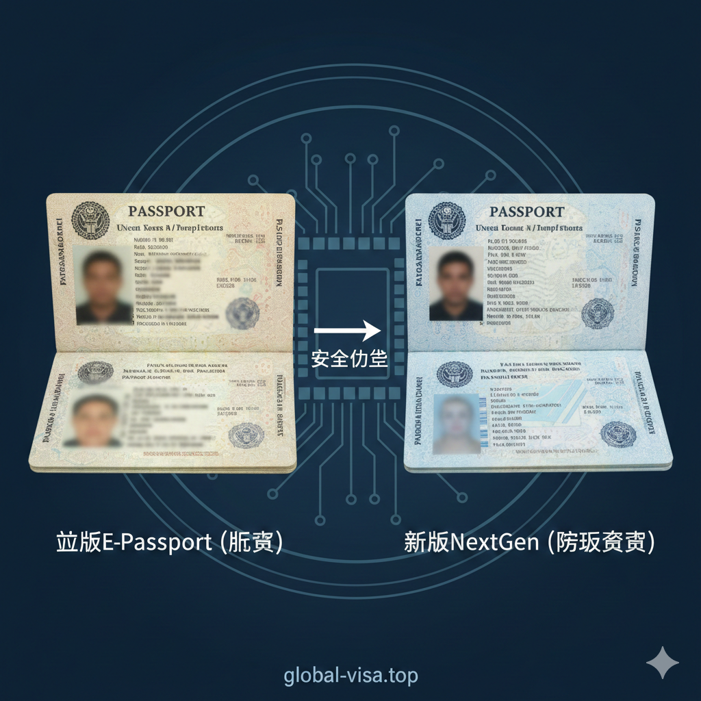 一张对比图，突出新版美国护照的安全优势。左侧展示旧版（E-Passport）的层压纸质数据页，右侧展示新版（NextGen）的硬质聚碳酸酯数据页。背景是一个半透明的芯片图标，暗示其内置电子安全功能。图片强调新版的坚固性和防伪特性，使用对比鲜明的色彩突出新旧版本的差异，构图平衡，体现科技领先性。