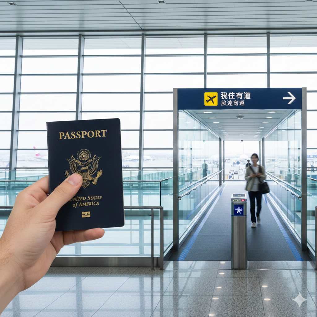 优势特点图，展示持有美国护照申请K-ETA的便利。画面左侧是手持美国护照的手，右侧是韩国仁川国际机场（Incheon International Airport）的快速通关通道或登机口。画面构图采用动态透视，突出快速和流畅感。可配以'Fast Track'或'Priority Access'的象征性文字或图标，强调通过率高和通关速度快。色彩鲜明，以明亮的蓝色和白色为主，传达高效、畅通无阻的旅行体验。