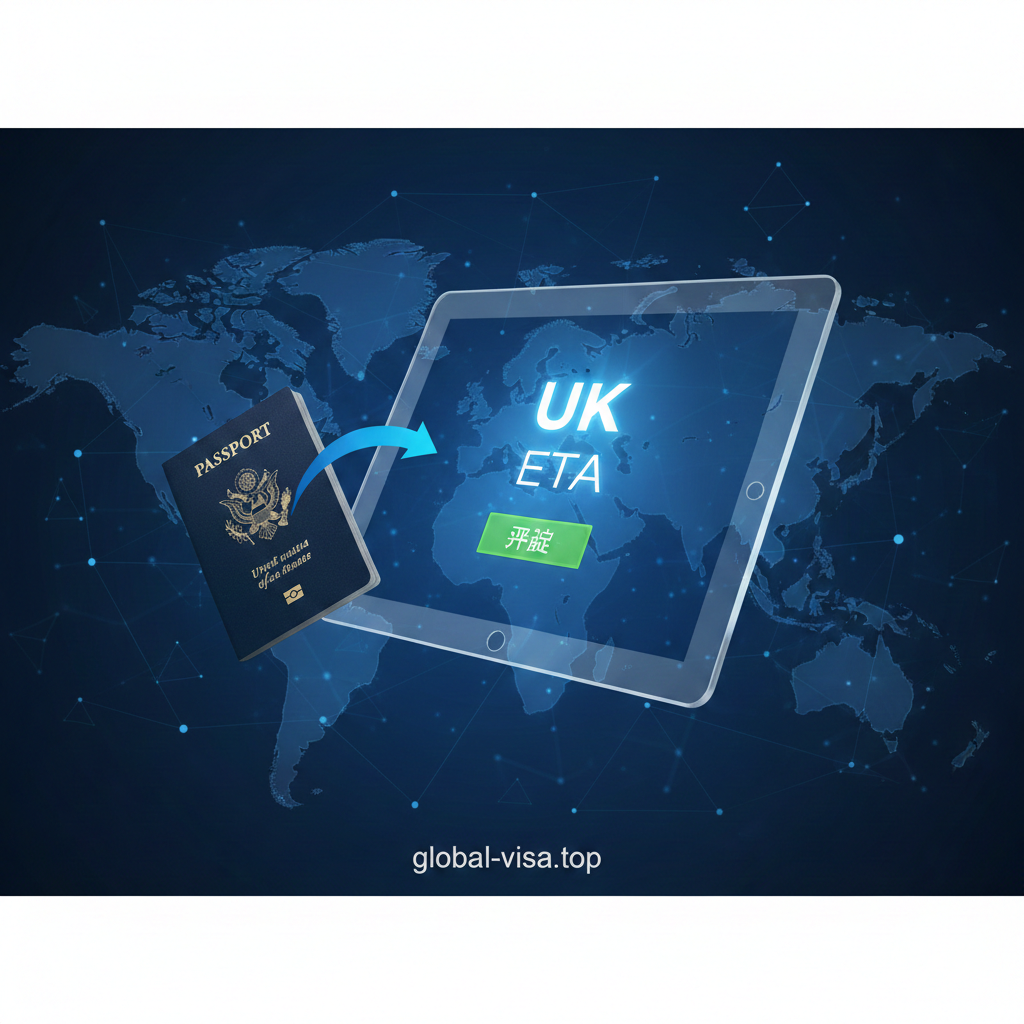 功能/政策变化图，重点展示“ETA电子旅行授权”这一未来政策。图片应为蓝色或科技感的背景，中央有一个手机屏幕或电脑界面，上面显示“UK ETA”的Logo和一个小的数字授权许可（绿色的“Approved”字样）。旁边放置一个小小的美国护照，护照上方向前延伸的箭头指向ETA屏幕，暗示这是未来的新流程，体现政策更新的功能性信息。