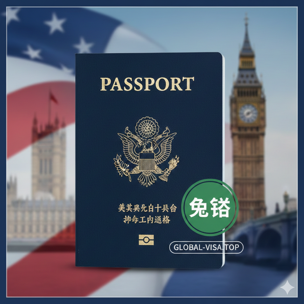 文章封面图，风格现代、简洁，色彩以英伦的红、蓝和美国的星条旗元素为主。主体是一个带有金色鹰徽的美国护照封面和背景中模糊的英国地标（如大本钟或伦敦眼）。护照上有一个明显的“NO VISA REQUIRED”或“免签”的绿色印章图示。构图清晰，突出护照和英国背景的对比与关联，传达“美国护照去英国”的主题，同时暗示政策的宽松性。