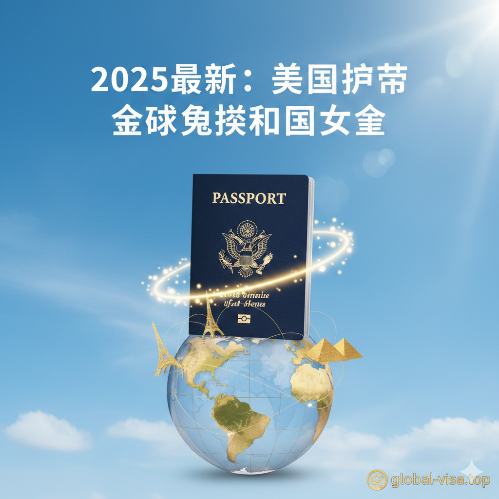 设计一张富有全球旅行感的封面图，突出美国护照的“金卡”地位。主体元素是一个深蓝色的美国护照，放置在世界地图或地球仪上方，护照上带有闪耀的光芒或金色的边框，象征高含金量。背景是世界主要地标的剪影（如巴黎铁塔、自由女神像、长城），并用飞机的航线图连接。整体色调采用深蓝、金色和清新的天空蓝，营造出专业、权威且充满希望的旅行氛围。标题“2025最新：美国护照全球免签国家大全”可以叠加在图片上半部分，使用清晰的白色字体。