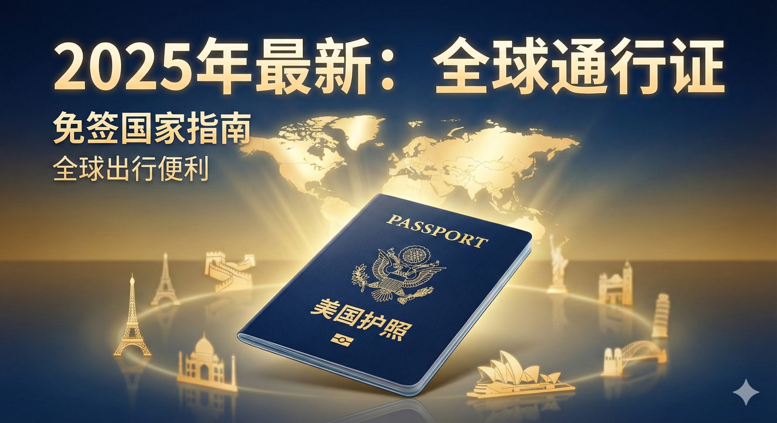 设计一张现代感强的封面图，主题是“美国护照的全球通行能力”。画面中心是一本深蓝色的美国护照，优雅地斜放着，护照上方投射出世界地图的金色光影。背景采用深蓝色和金色渐变，突出高价值和权威感。周围环绕着各国标志性建筑的微小剪影（如埃菲尔铁塔、自由女神像、悉尼歌剧院），以线条或模糊的形式表示“免签国家列表”。使用醒目的标题“2025年最新：全球通行证”的抽象文字，强调权威性和时效性。