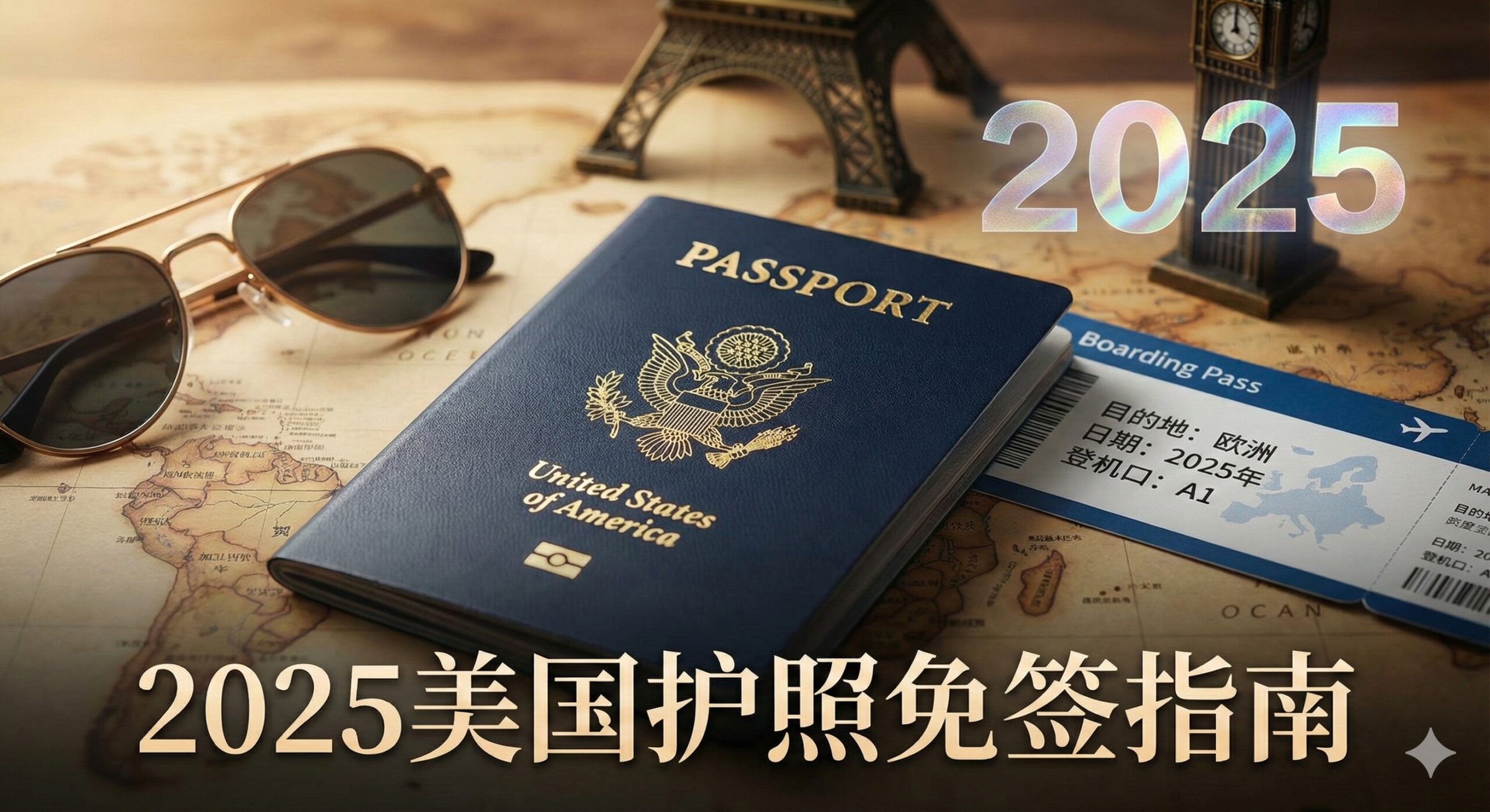 一张极具质感的特写照片，展示一本深蓝色的美国护照放置在一张复古风格的世界地图上。护照封面上的金鹰徽章在柔和的暖光下闪闪发光，旁边放着一副墨镜和一张飞往欧洲的登机牌。背景虚化处理，隐约可见埃菲尔铁塔或大本钟的轮廓。画面中巧妙融入全息风格的'2025'字样，象征着最新的全球通行权限，整体色调高端大气，激发人们对自由旅行的向往。
