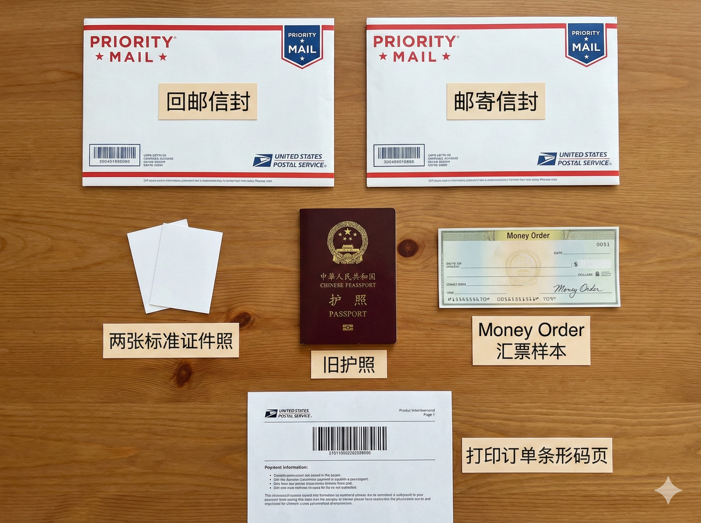 一张清晰的俯拍(Flat lay)风格教程图,展示邮寄所需的标准材料清单。木质桌面上整齐排列着:USPS Priority Mail红白信封(含回邮信封)、两张标准的白底2寸证件照、Money Order汇票样本、旧护照以及打印好的订单条形码页。每个物品旁有简洁的中文标签指引,例如“回邮信封”、“必备材料”。光线均匀柔和,无阴影,帮助用户一眼看懂复杂的邮寄准备工作,极具实用价值。