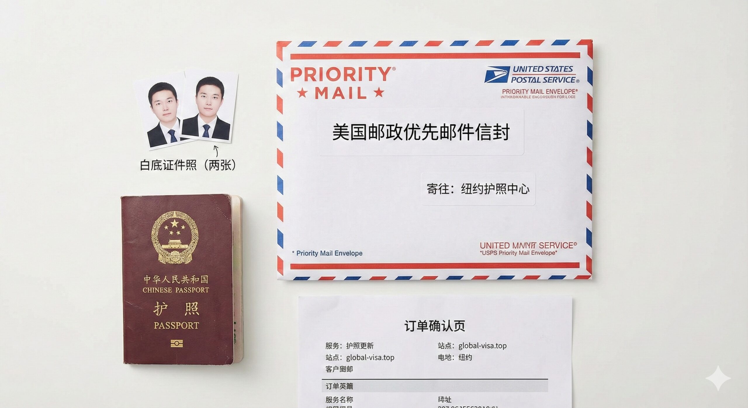 一张写实的平铺(Flat lay)摄影图,用于教程部分,展示邮寄材料的准备工作。在干净的白色桌面上,整齐摆放着一本旧的中国护照、两张标准的白底证件照、打印好的订单确认页,以及一个显眼的USPS Priority Mail信封(红蓝边框)。构图清晰直观,像是一个准备好寄出的包裹,帮助用户一眼识别需要准备的物理材料,光线均匀无阴影。