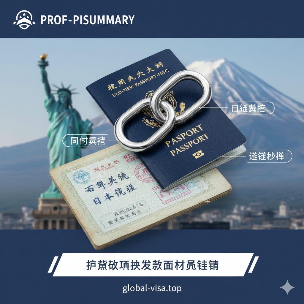 关于新旧护照签证有效性的总结图。画面展示两本护照叠放在一起,下面是一本略显陈旧的护照,翻开页露出'十年美签'或'日本签证'的贴纸,上面压着一本崭新的护照。两本护照之间用一个'Link'图标或回形针连接,寓意'同时携带'或'签证迁移'。背景隐约可见自由女神像或富士山等旅游地标,提示用户出行时的注意事项。